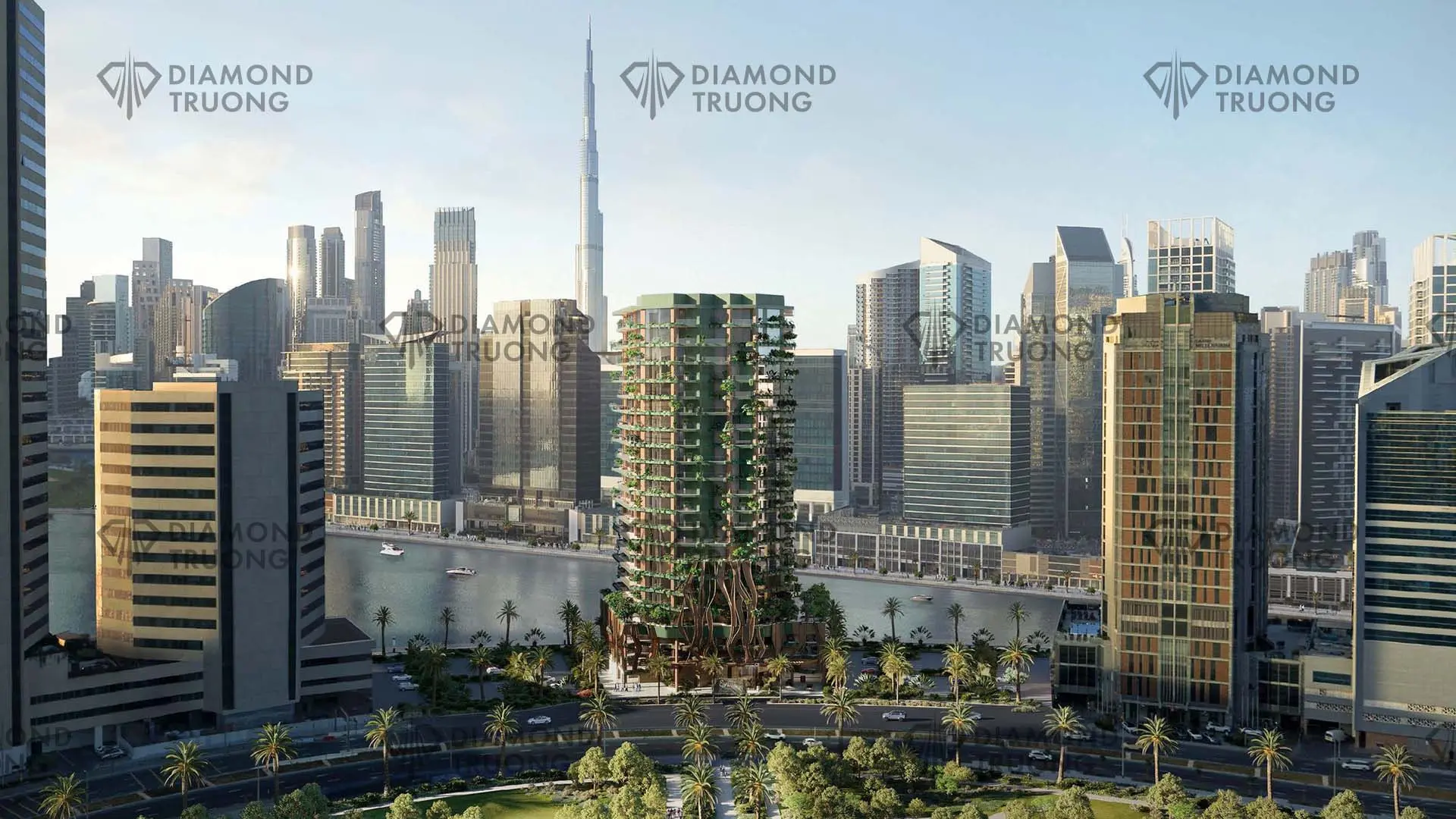 Eywa's planted tower on the Dubai Water Canal, with the Burj Khalifa behind