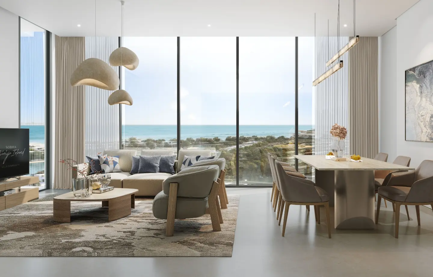 Render of a furnished living and dining room with full-height windows over trees and the sea
