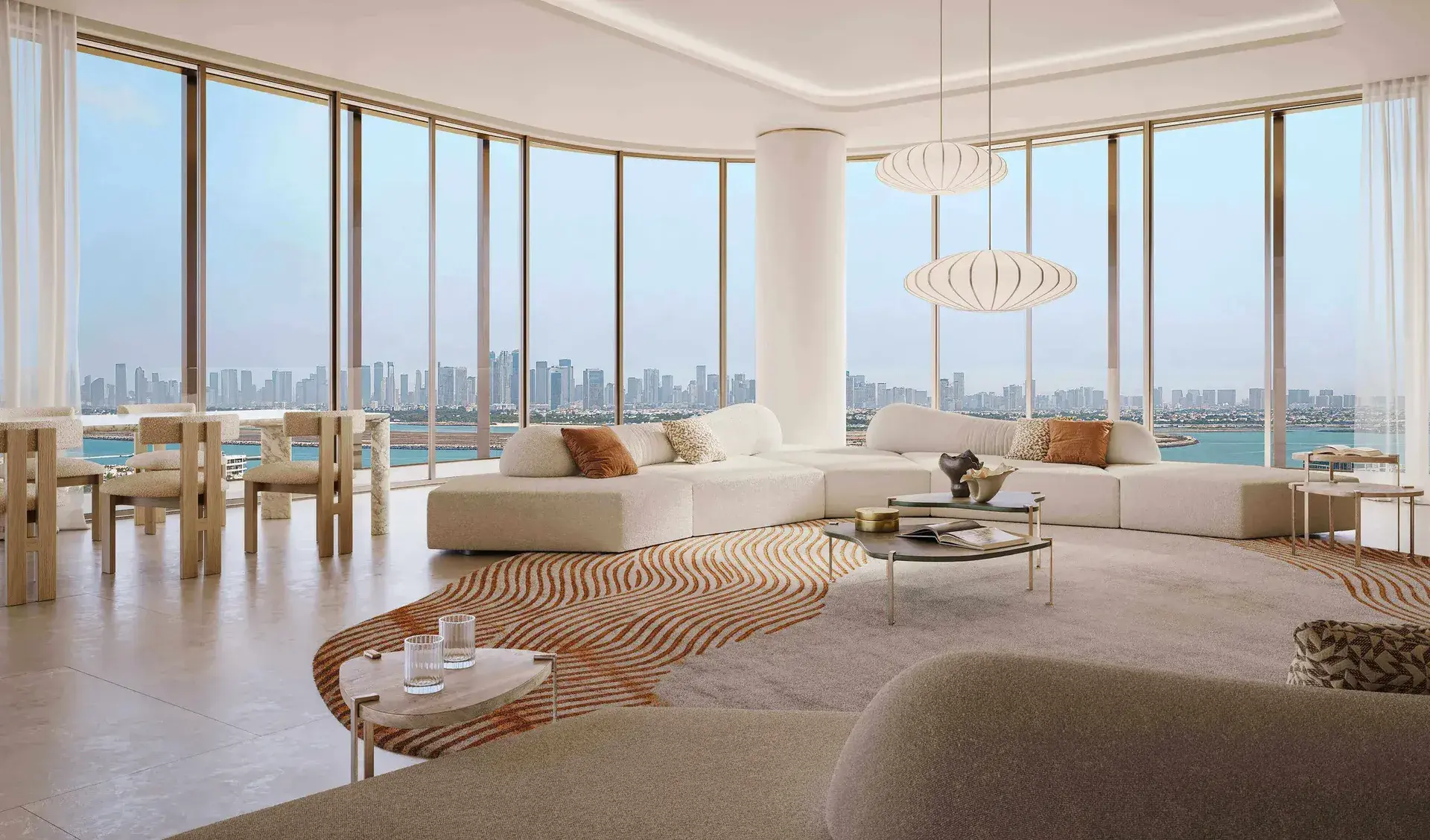 Render of a living room with a white corner sofa and curved glass on three sides, the city skyline across the water