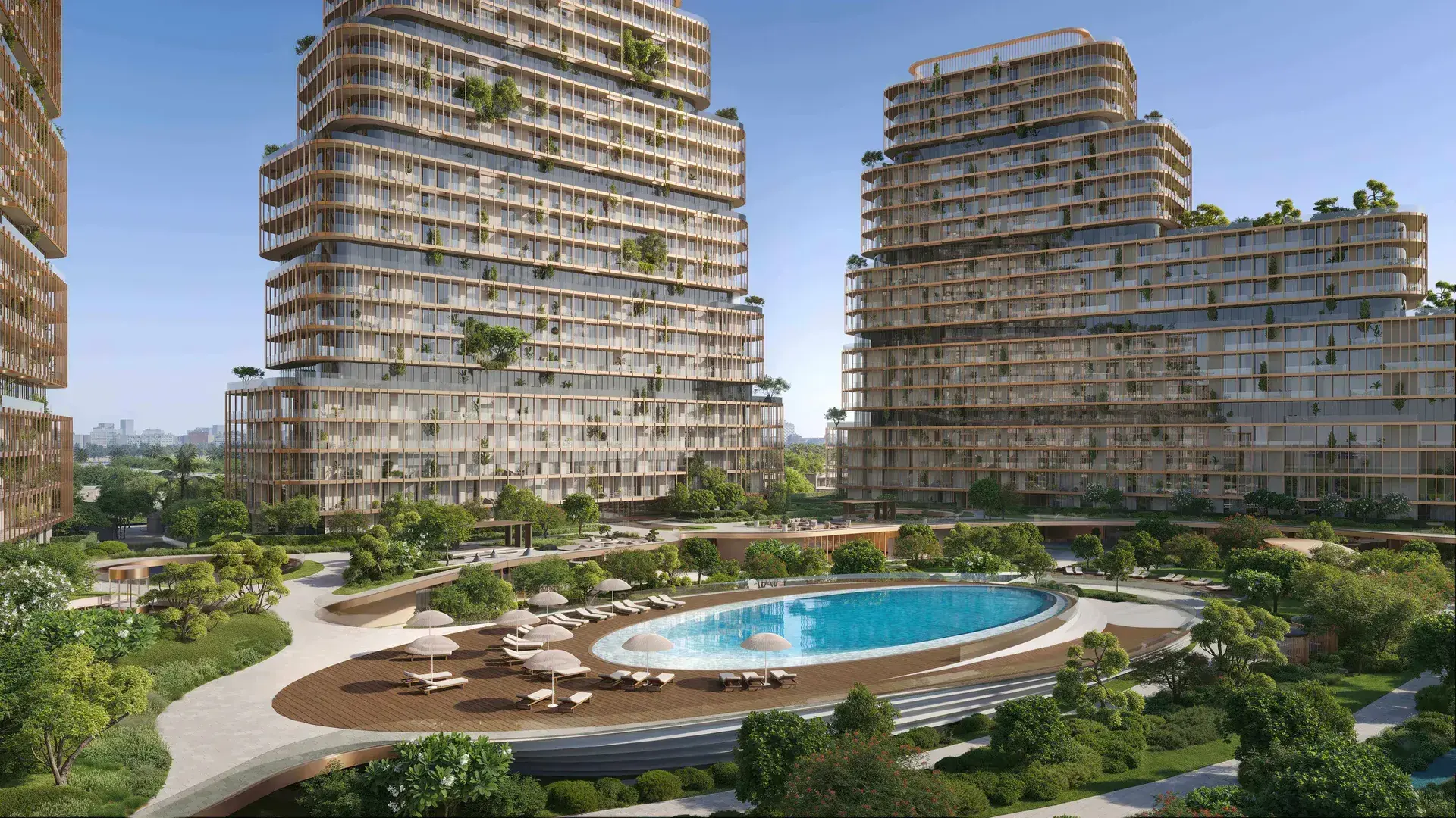 Render of two stepped towers with planted terraces above an oval pool, sun loungers and gardens