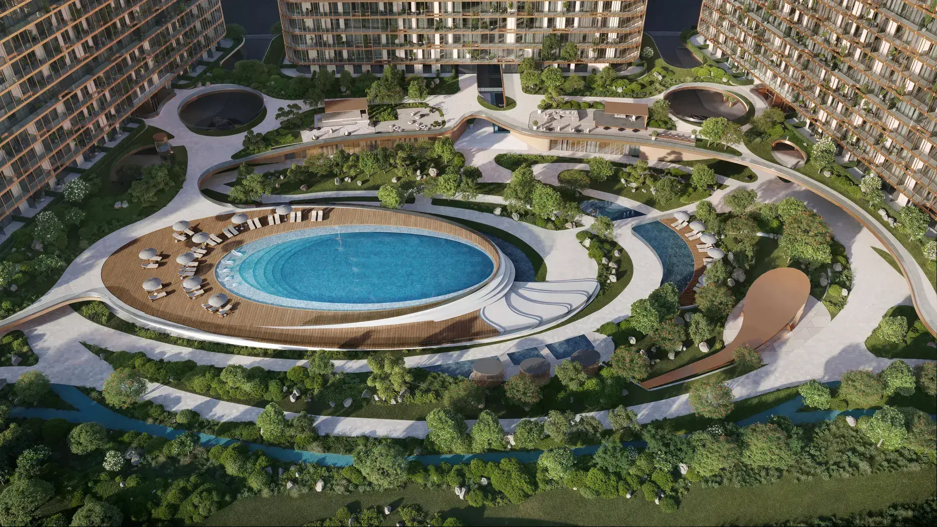 Aerial render of the shared base between three towers: a round pool on a timber deck, curving paths and dense planting