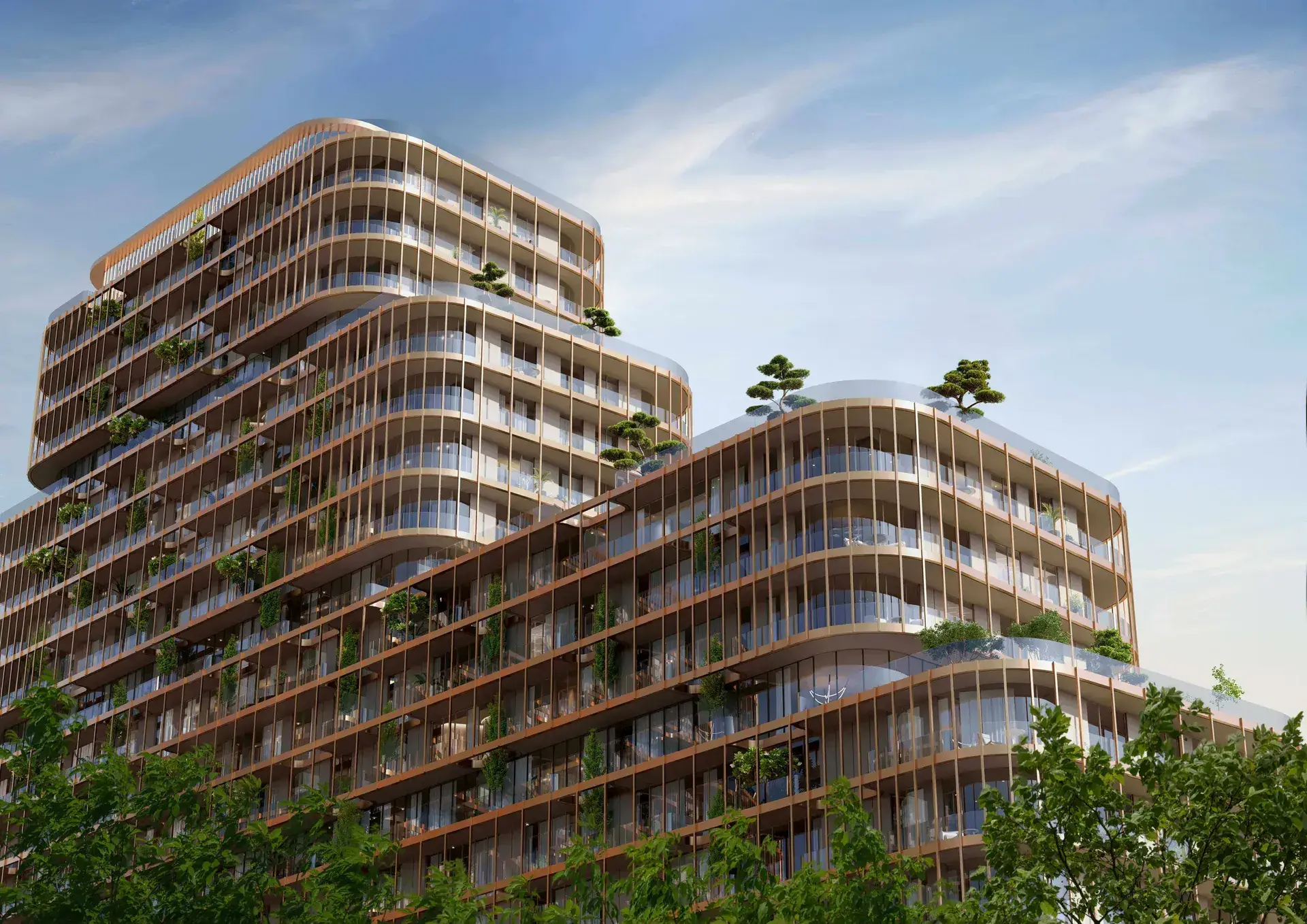 Render looking up at a stepped tower with curved balconies and trees planted on its terraces