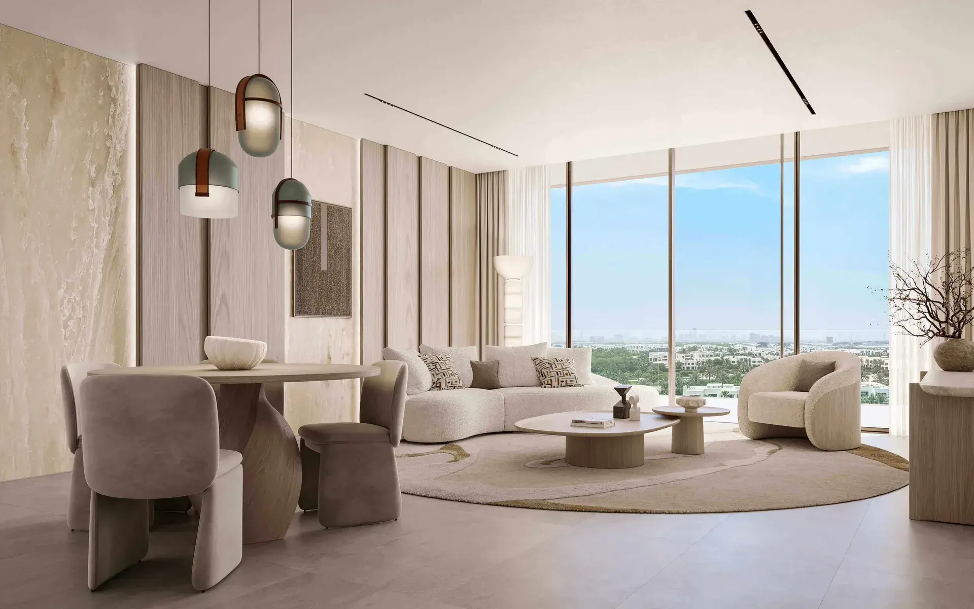 Render of an open living and dining room with glass pendant lights, a curved sofa and full-height windows
