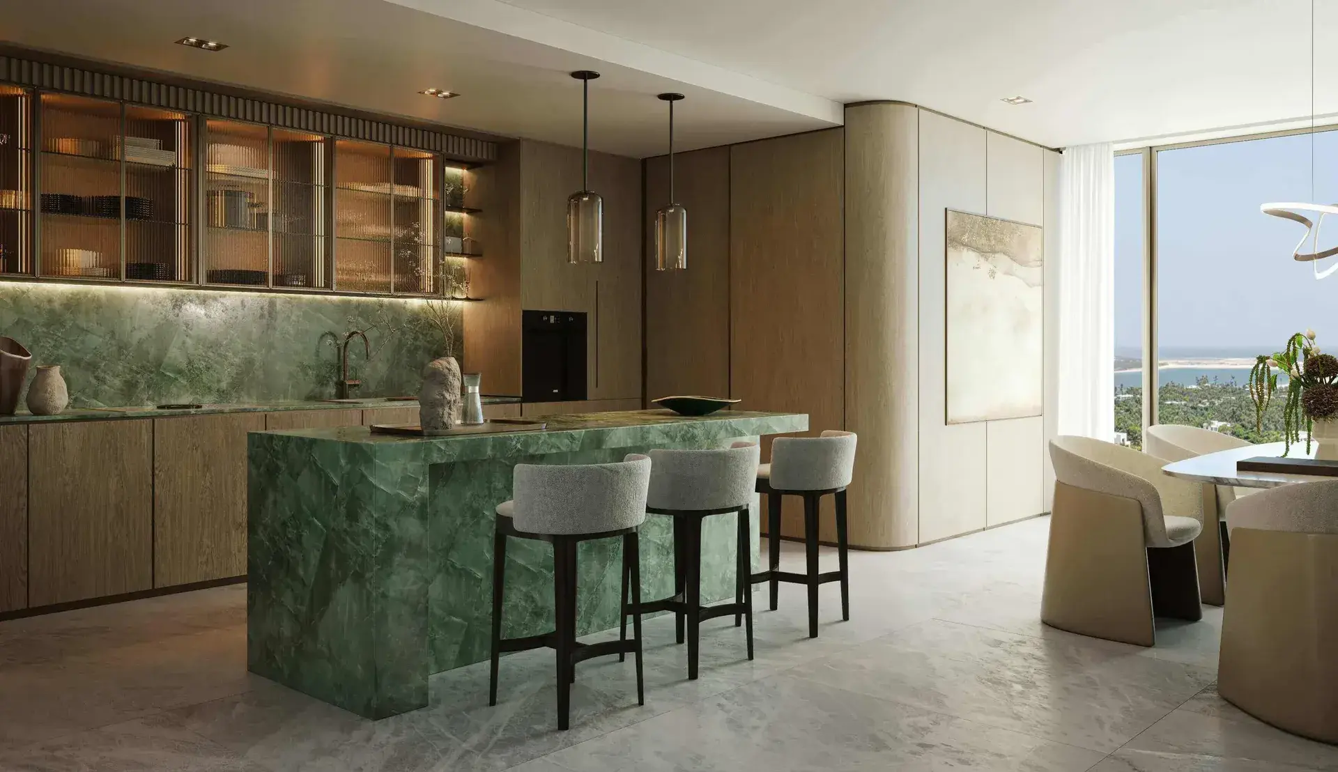 Render of a kitchen with a green stone island and bar stools, glass-fronted cabinets and a dining table by the window