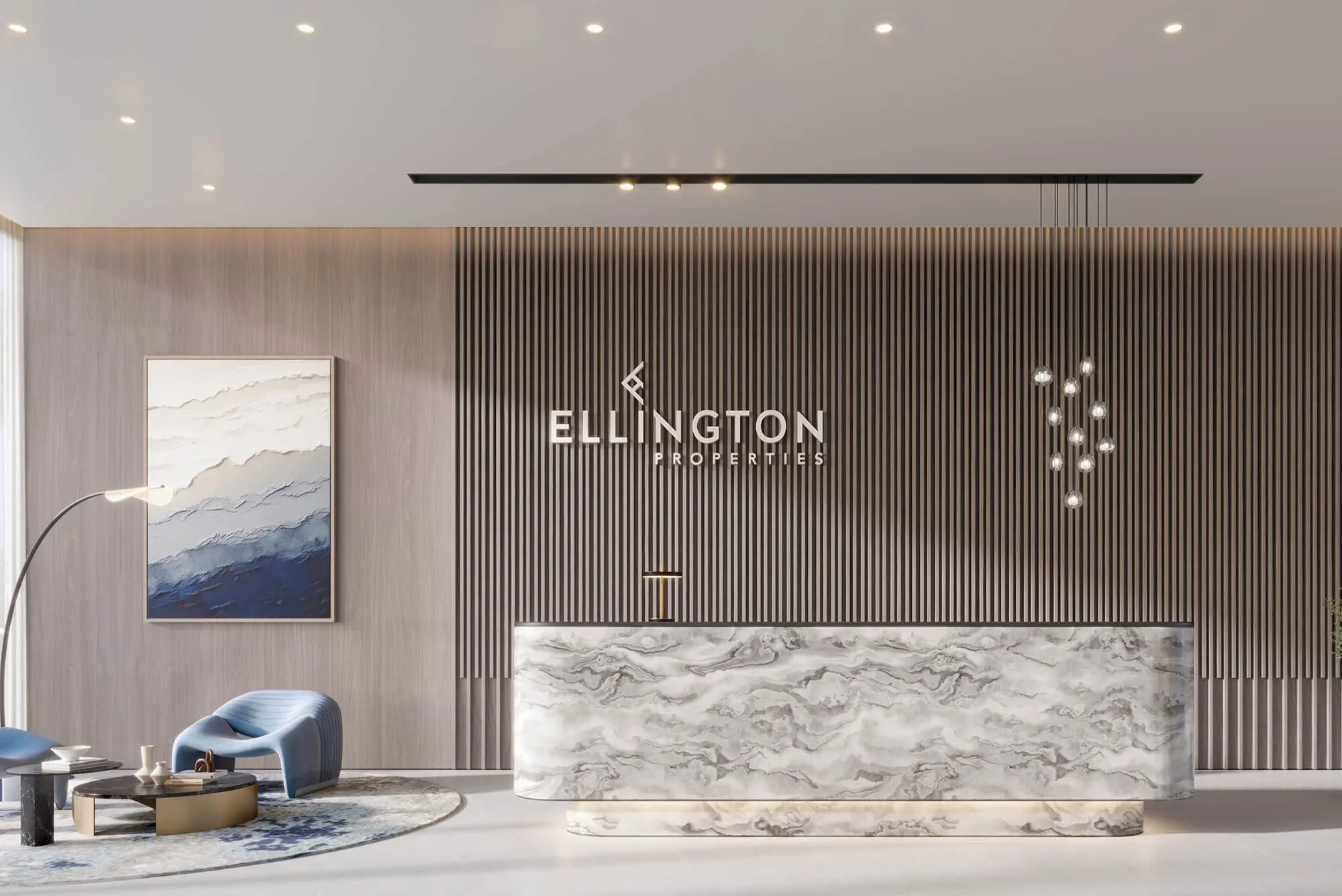 Render of the Hillmont lobby: a marble reception desk in front of a slatted timber wall with the Ellington sign