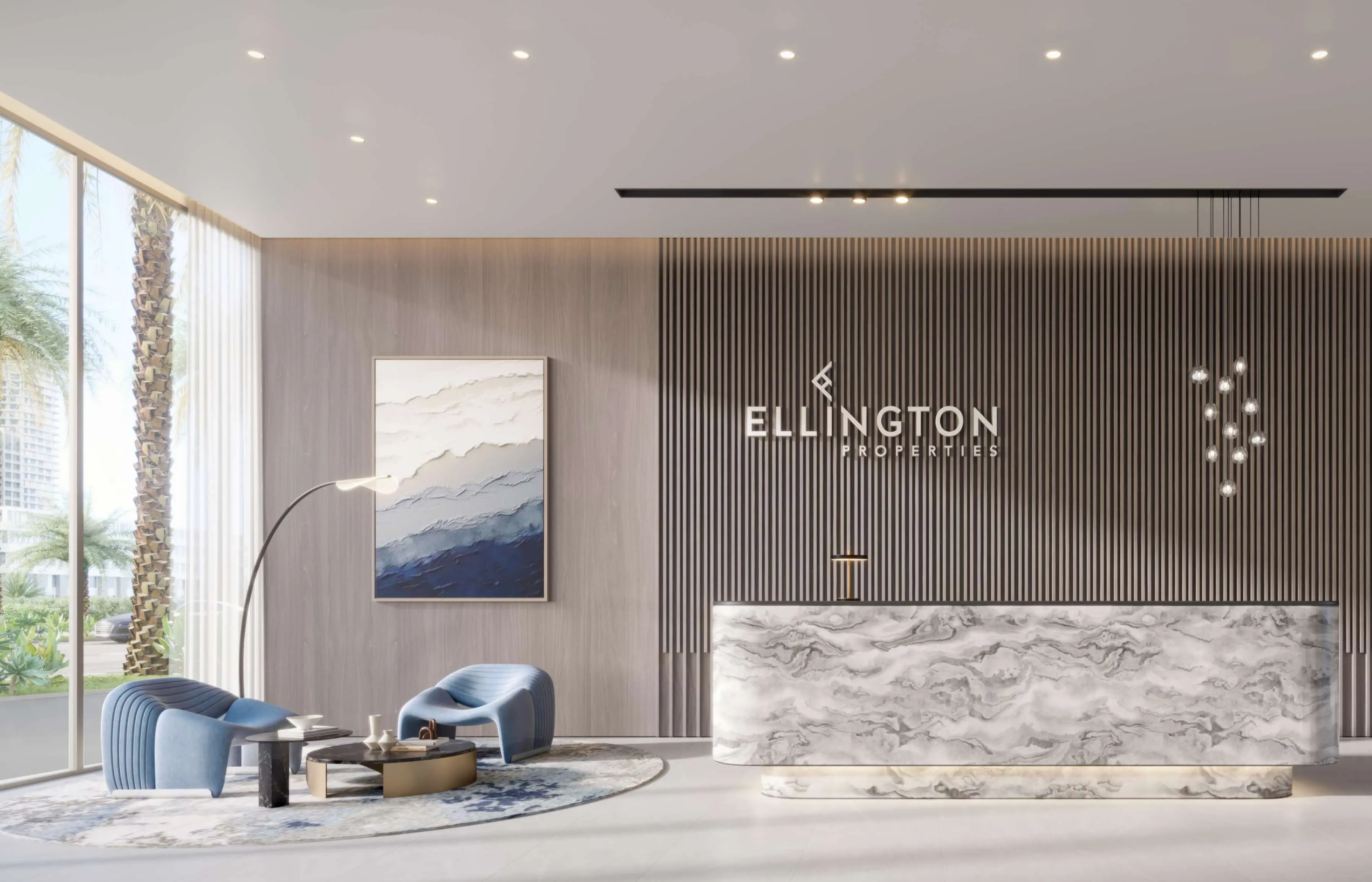 Render of the lobby with blue lounge chairs, a marble reception desk and full-height windows onto palms