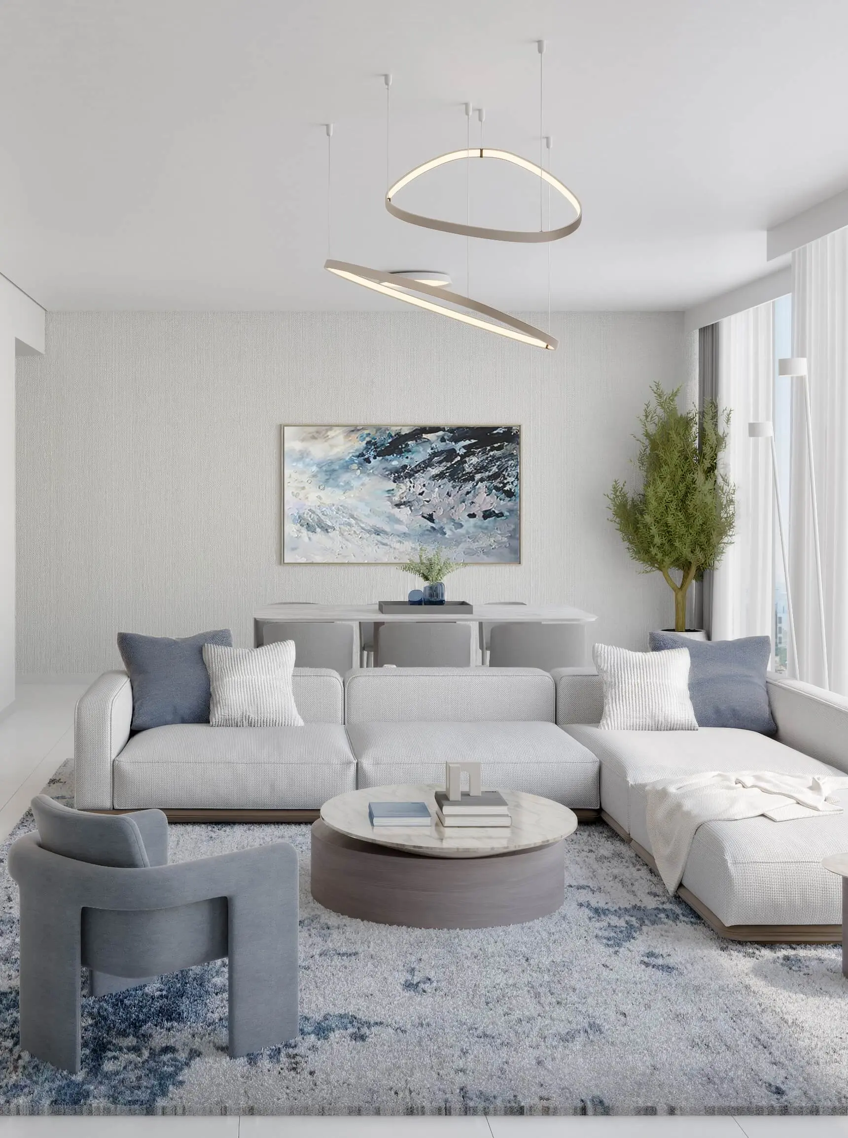 Render of a living room with a white corner sofa, a round coffee table and a dining table behind