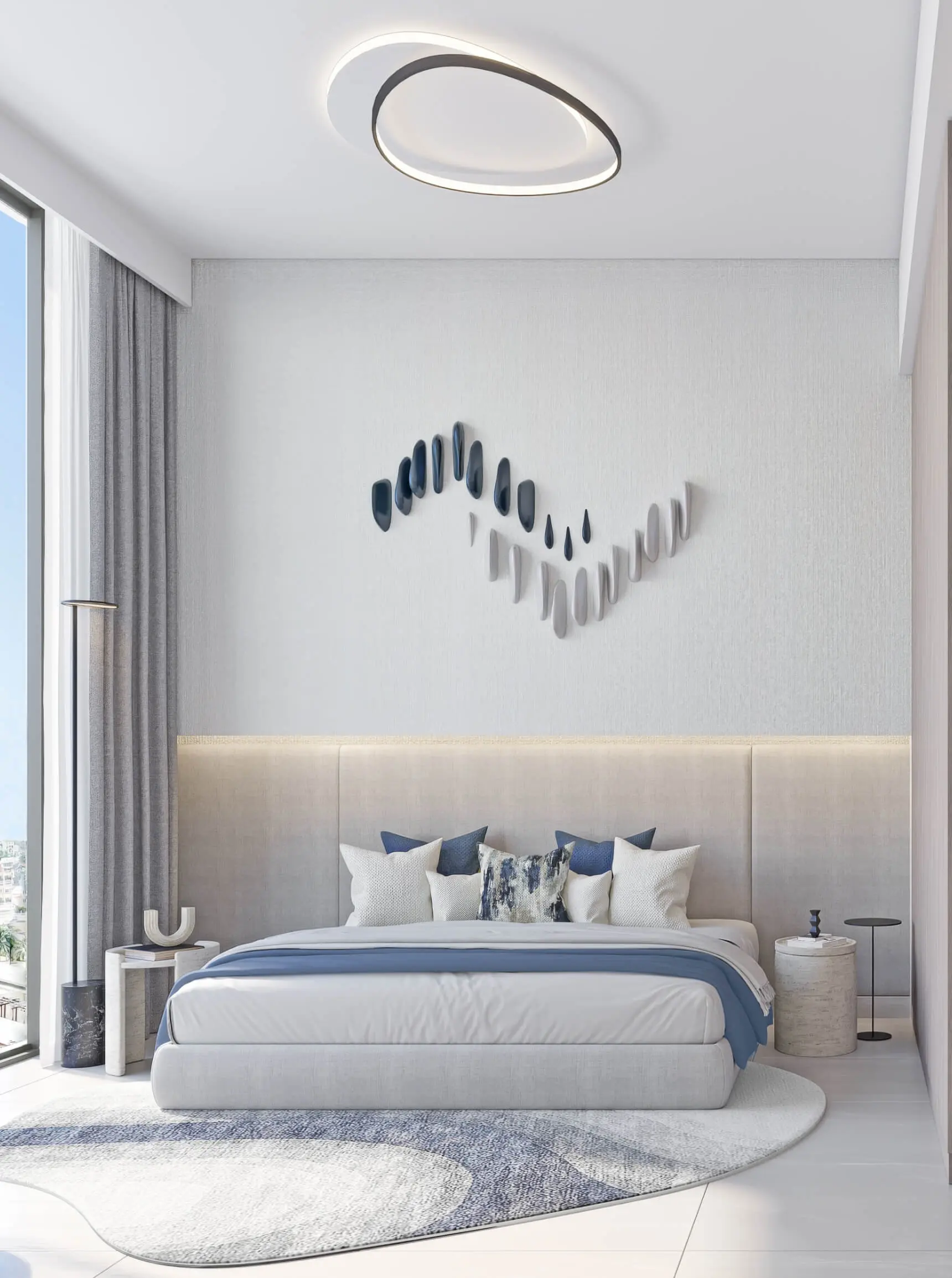 Render of a bedroom with a padded headboard wall, a sculptural wall piece and a floor-to-ceiling window