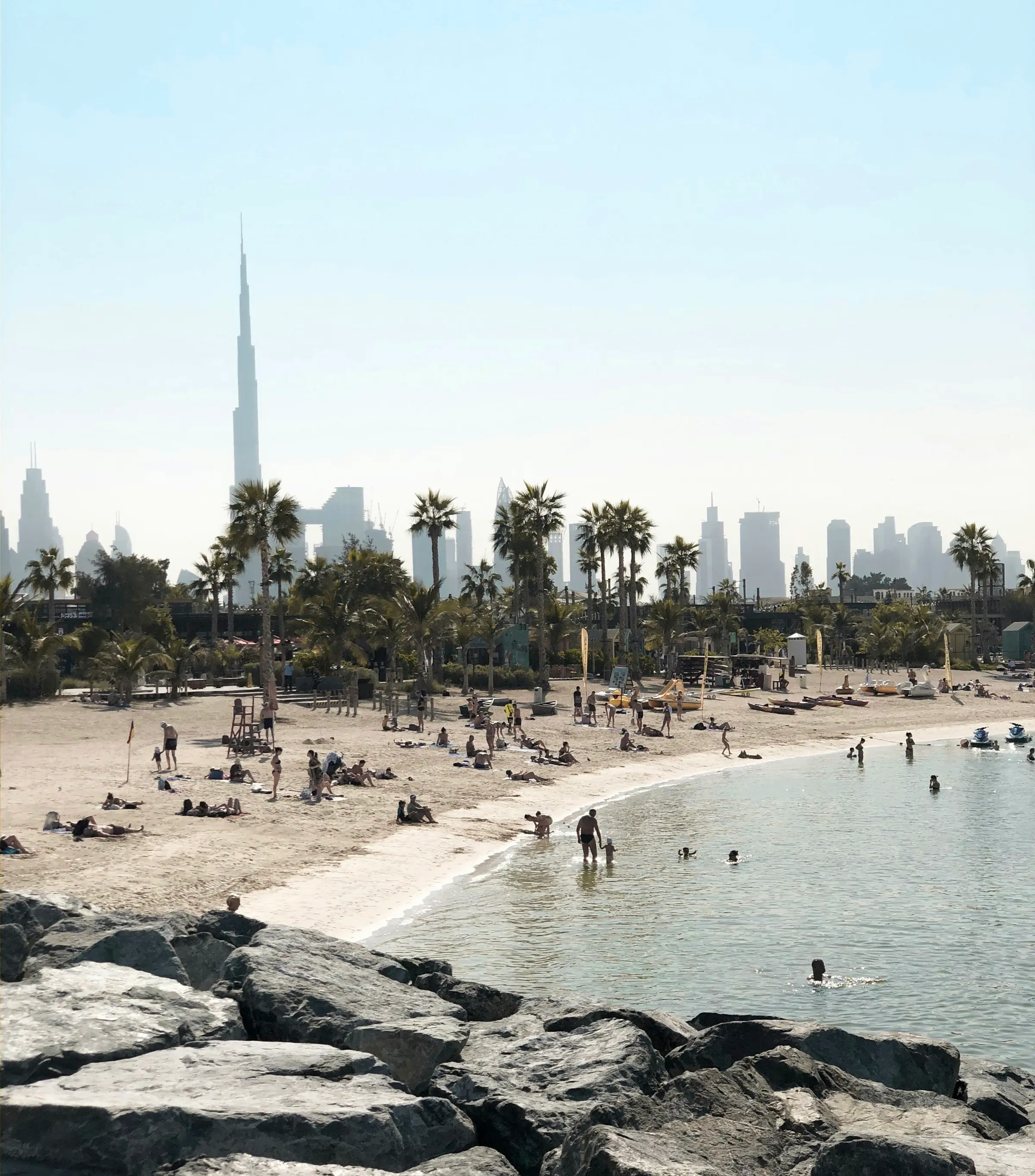 La Mer beach in Jumeirah 1, with the Downtown skyline and Burj Khalifa behind