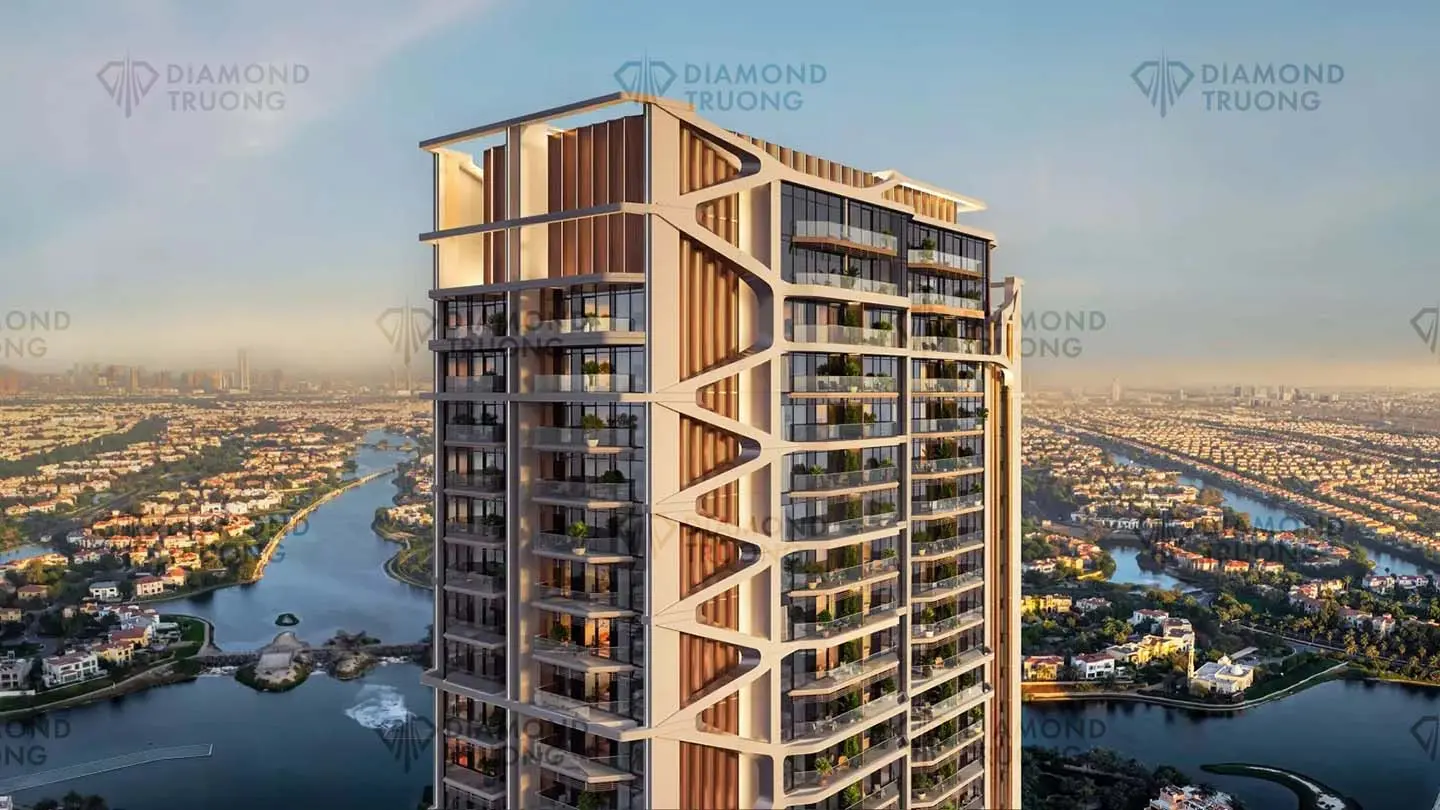 Ellington's render of Eltiera Heights: a tower with white sculpted frames and timber fins above the lakes and villa clusters of Jumeirah Islands