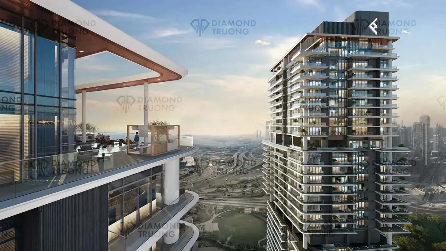 Ellington's render of a Mercer House tower and a neighbouring terrace above Sheikh Zayed Road, with Ain Dubai in the distance