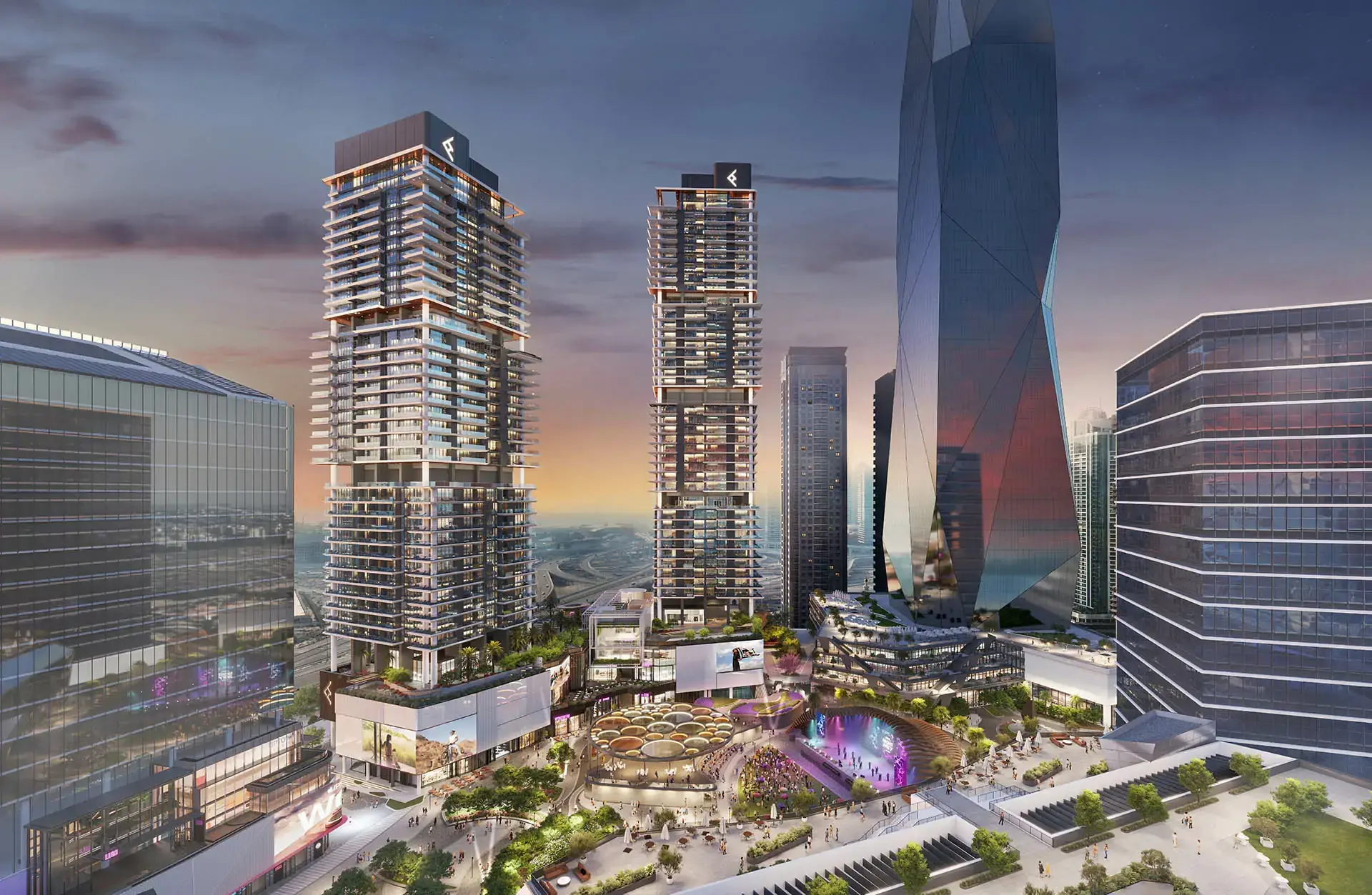 Ellington's render of Mercer House's two towers in Uptown Dubai, beside a faceted glass tower and a plaza with an outdoor stage