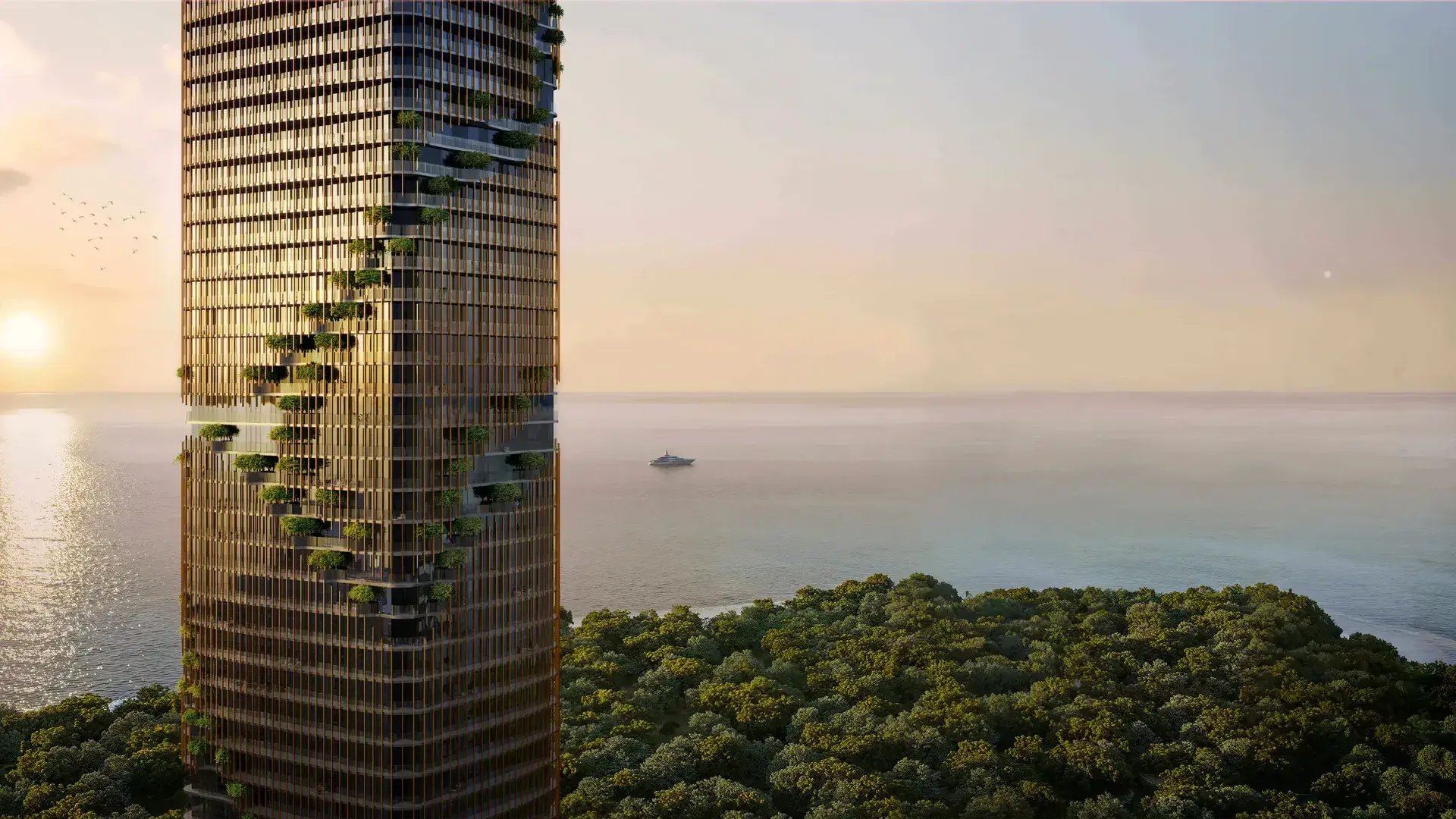 Render of a gold-glazed tower beside the sea at sunset, with a band of planted balconies climbing its facade above a forest