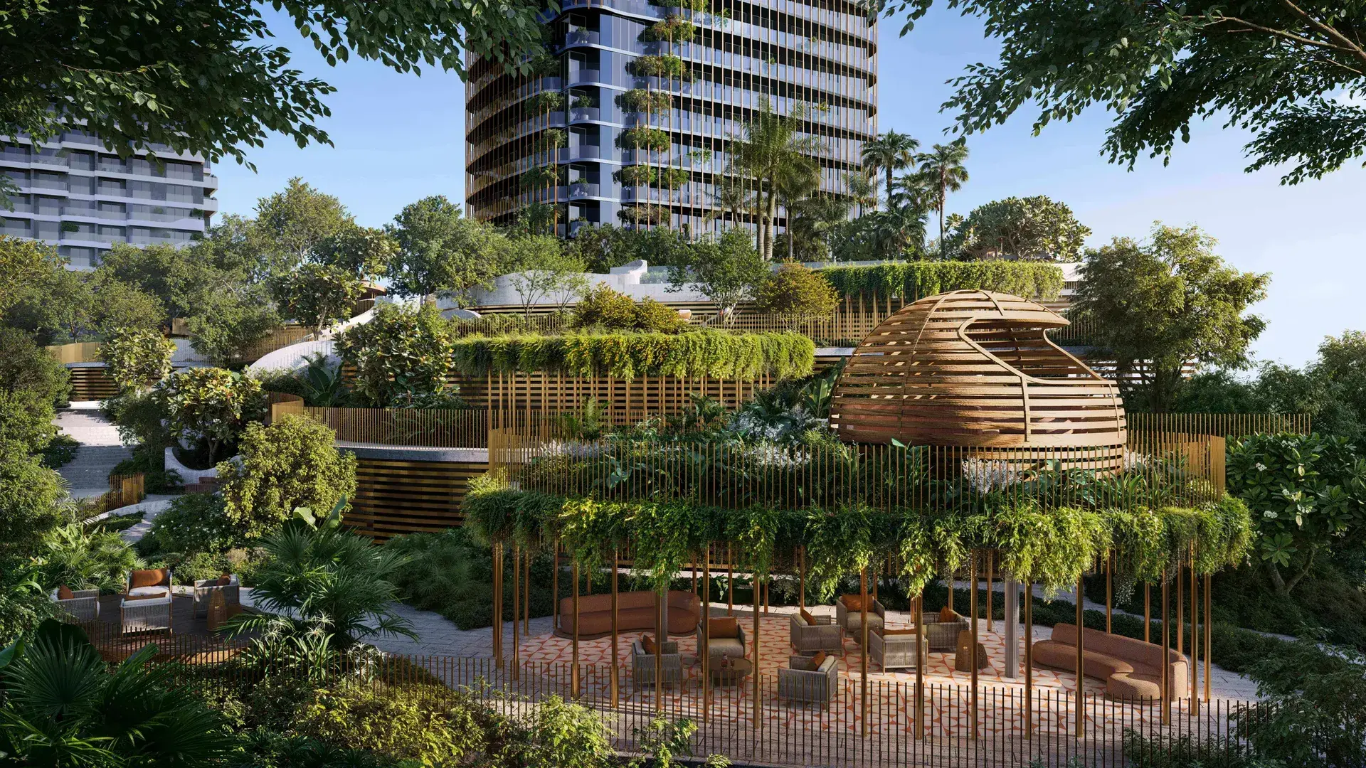 Render of a shaded lounge under hanging plants beside a timber lattice pavilion, with glass towers behind the trees