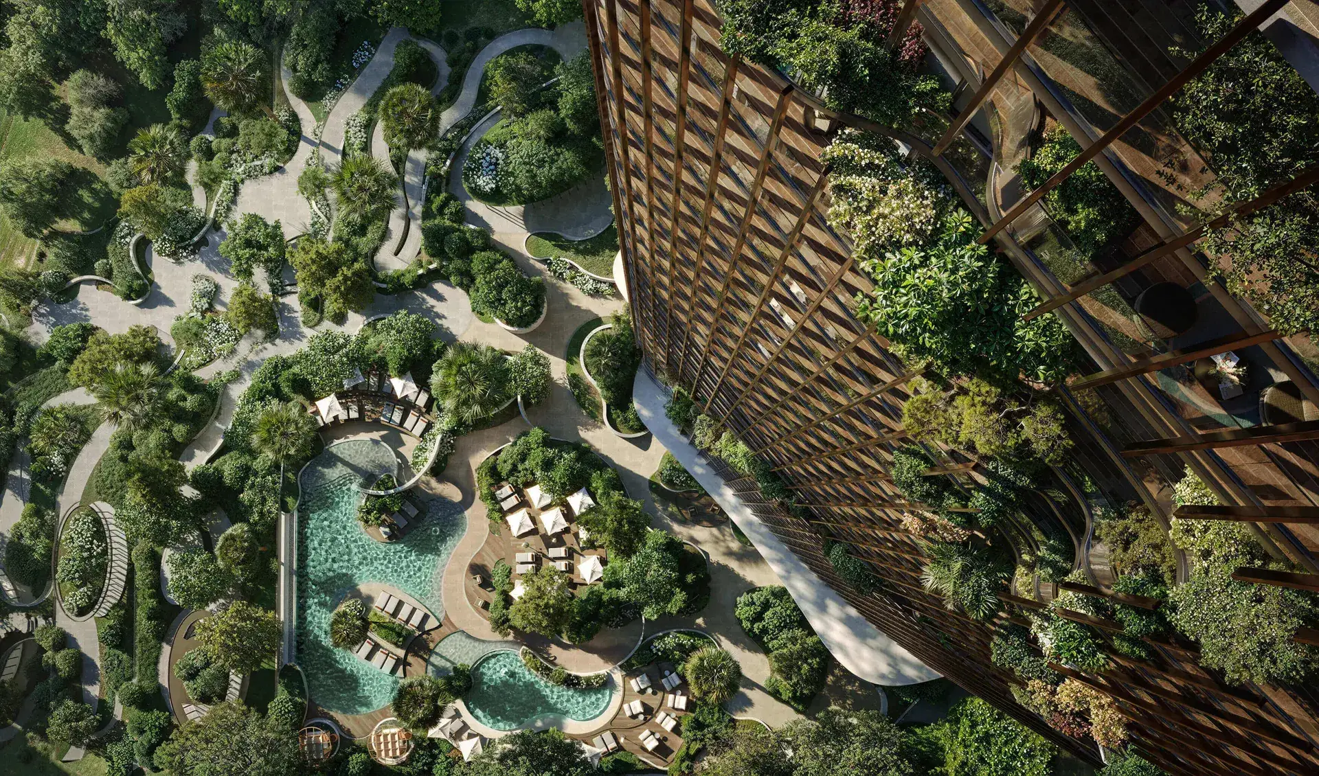 Render looking straight down a planted, timber-latticed facade to pools and winding garden paths below