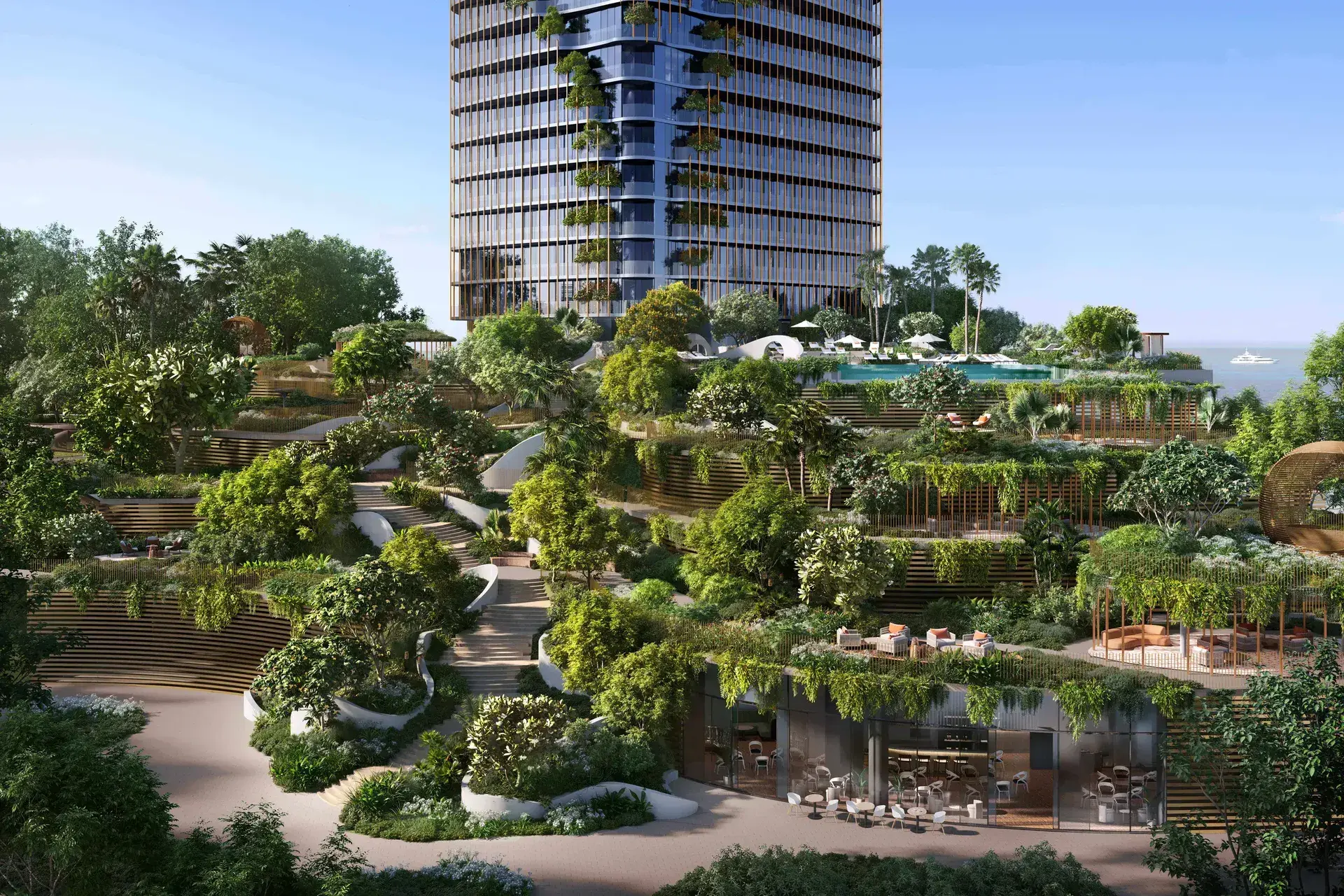 Render of planted terraces stepping down from a tower's base to a ground-floor café, with a pool on the upper deck