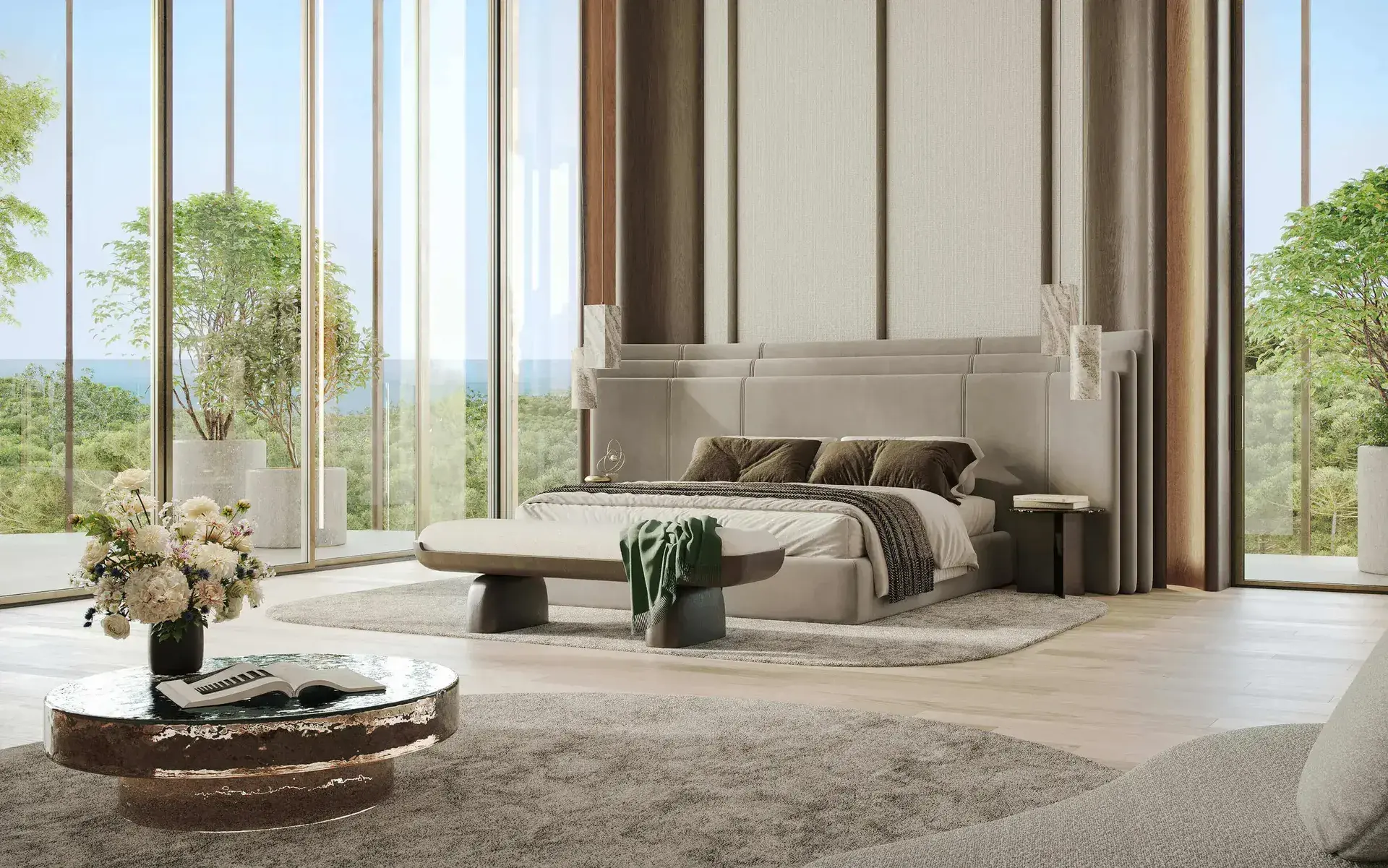 Render of a bedroom with floor-to-ceiling glass on two sides, trees outside and the sea in the distance