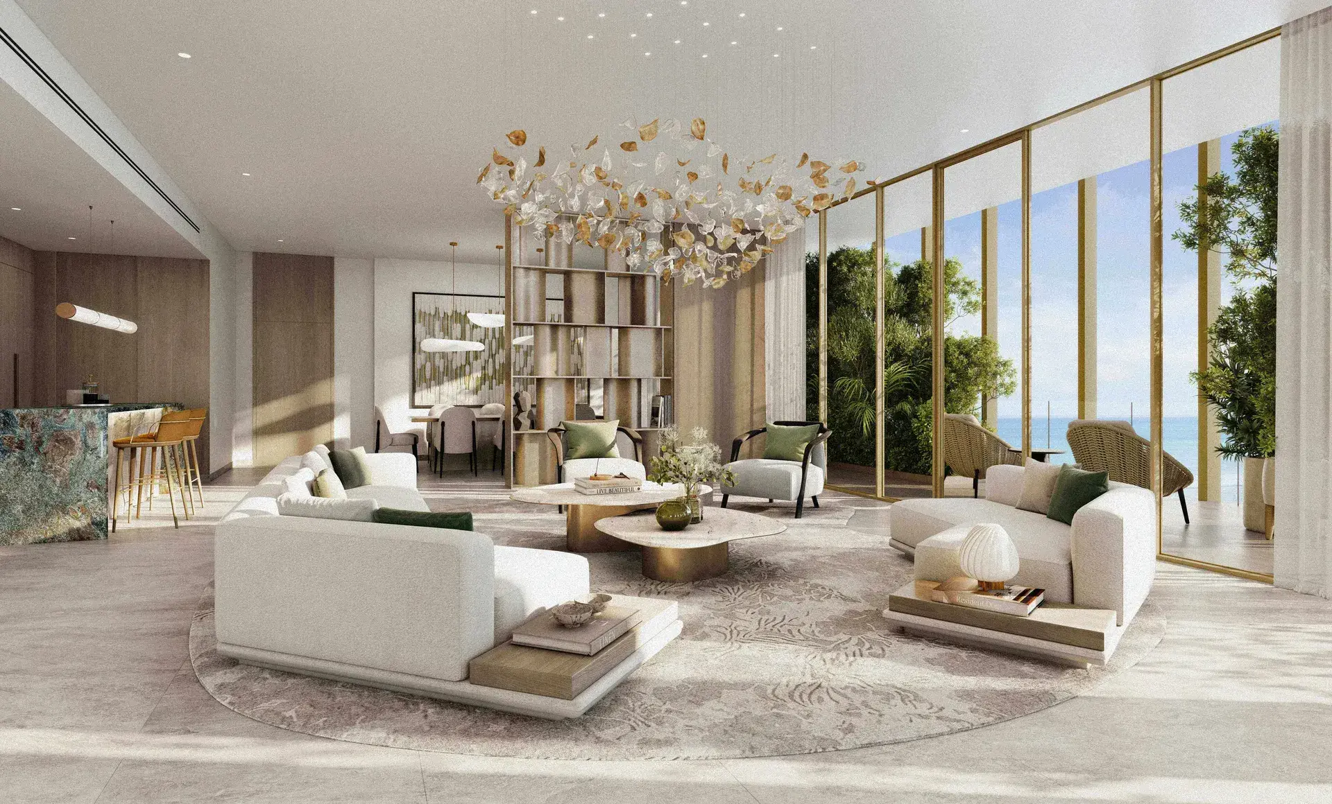 Render of a living room under a cluster chandelier, with white sofas and a glass wall onto trees and the sea