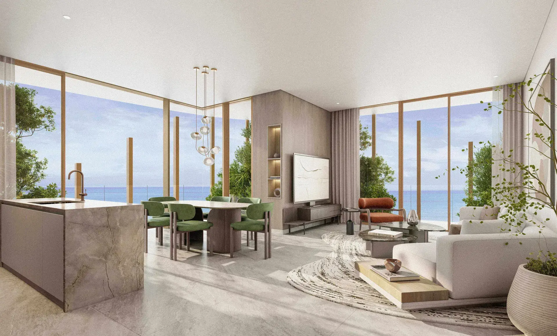 Render of an open kitchen, dining and living room with a stone island and corner glass facing the sea