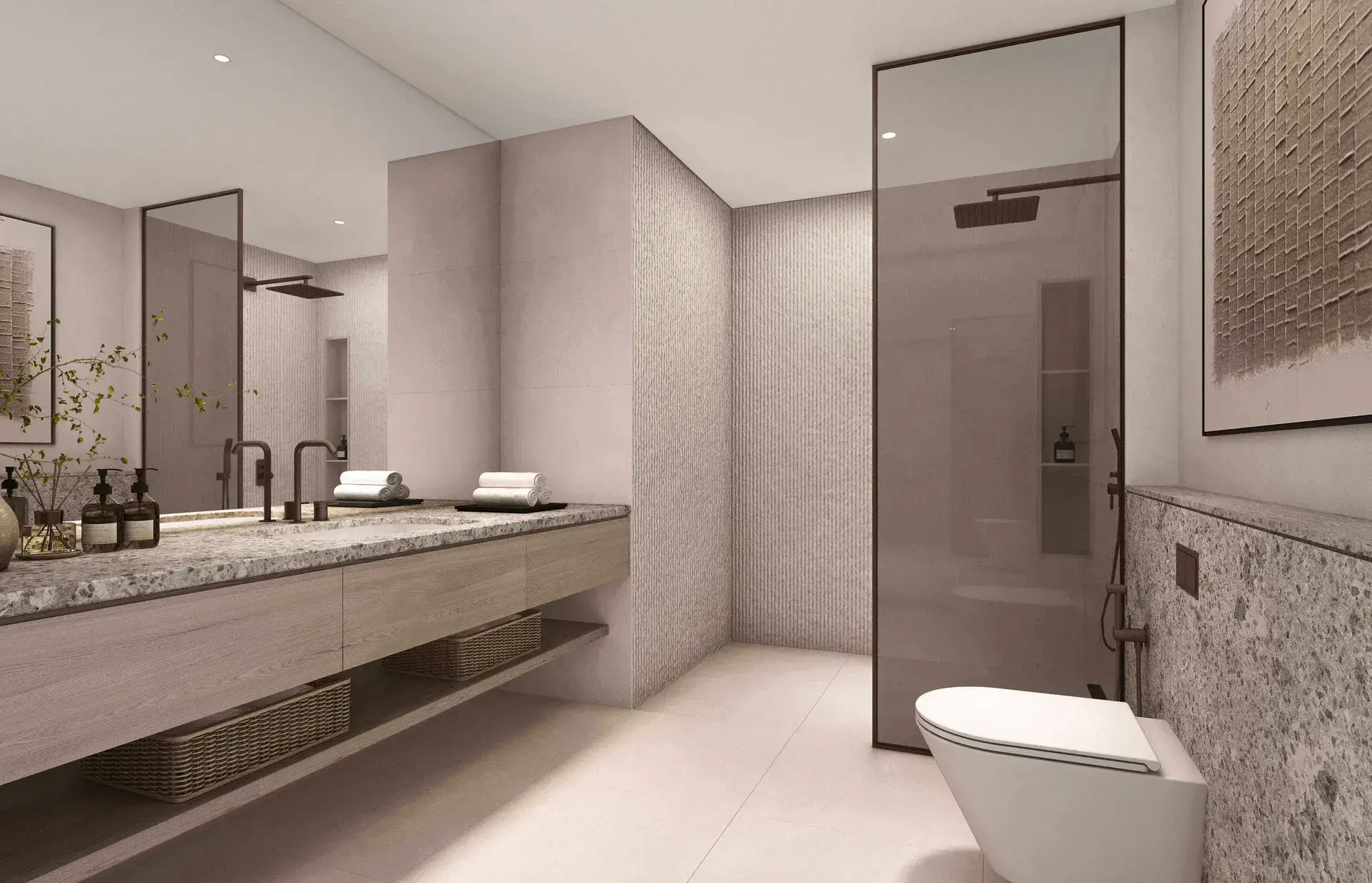 Render of a bathroom with a stone double vanity and a glass-screened walk-in rain shower