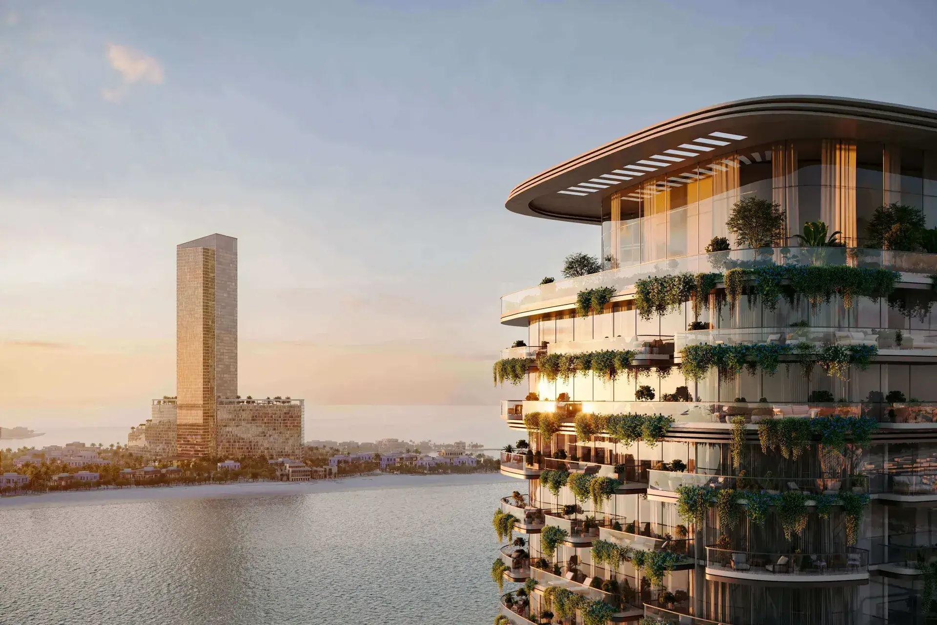 Render of the tower's top floors under a curved roof canopy, planted balconies catching the sunset, a tall gold tower across the water