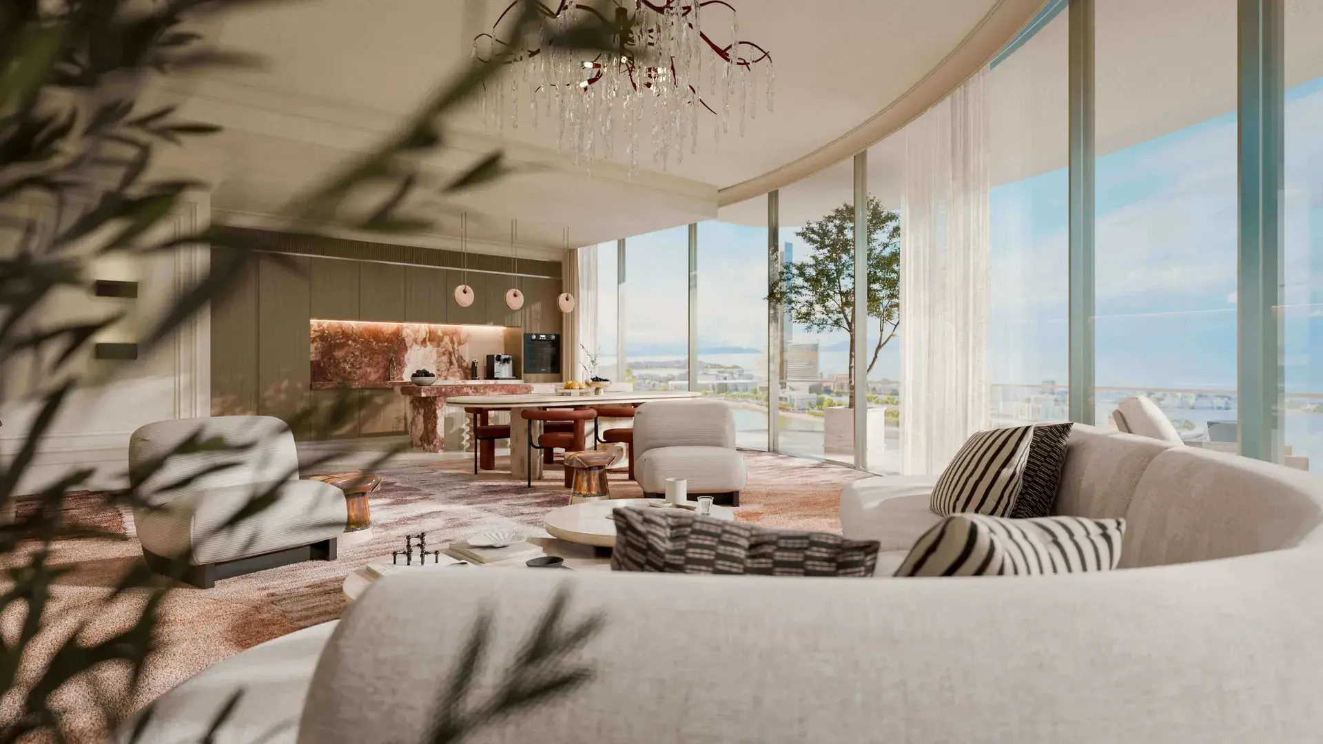 Render of a living room with curved floor-to-ceiling glass, white sofas and an open kitchen beyond
