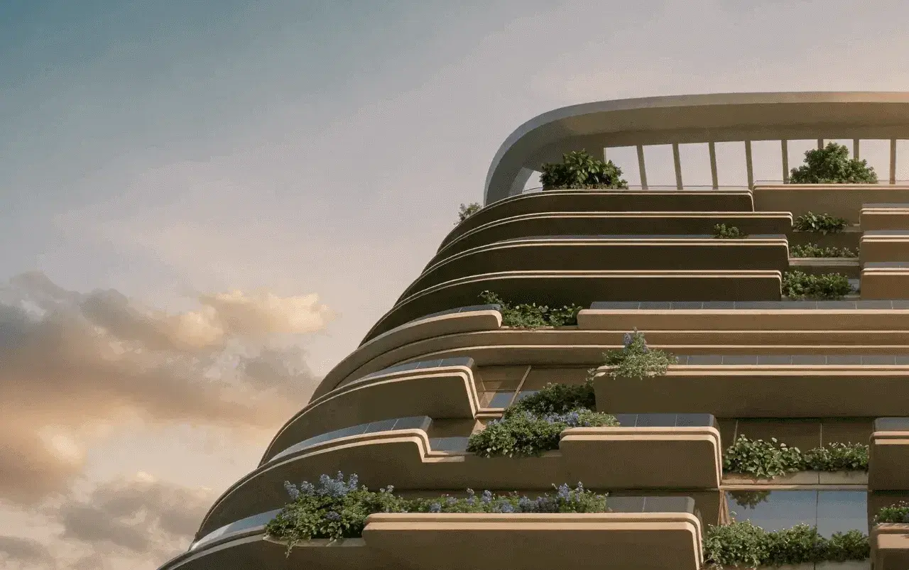 Render of the crown of the tower: planted terraces stepping up beneath a curved roof frame at dusk