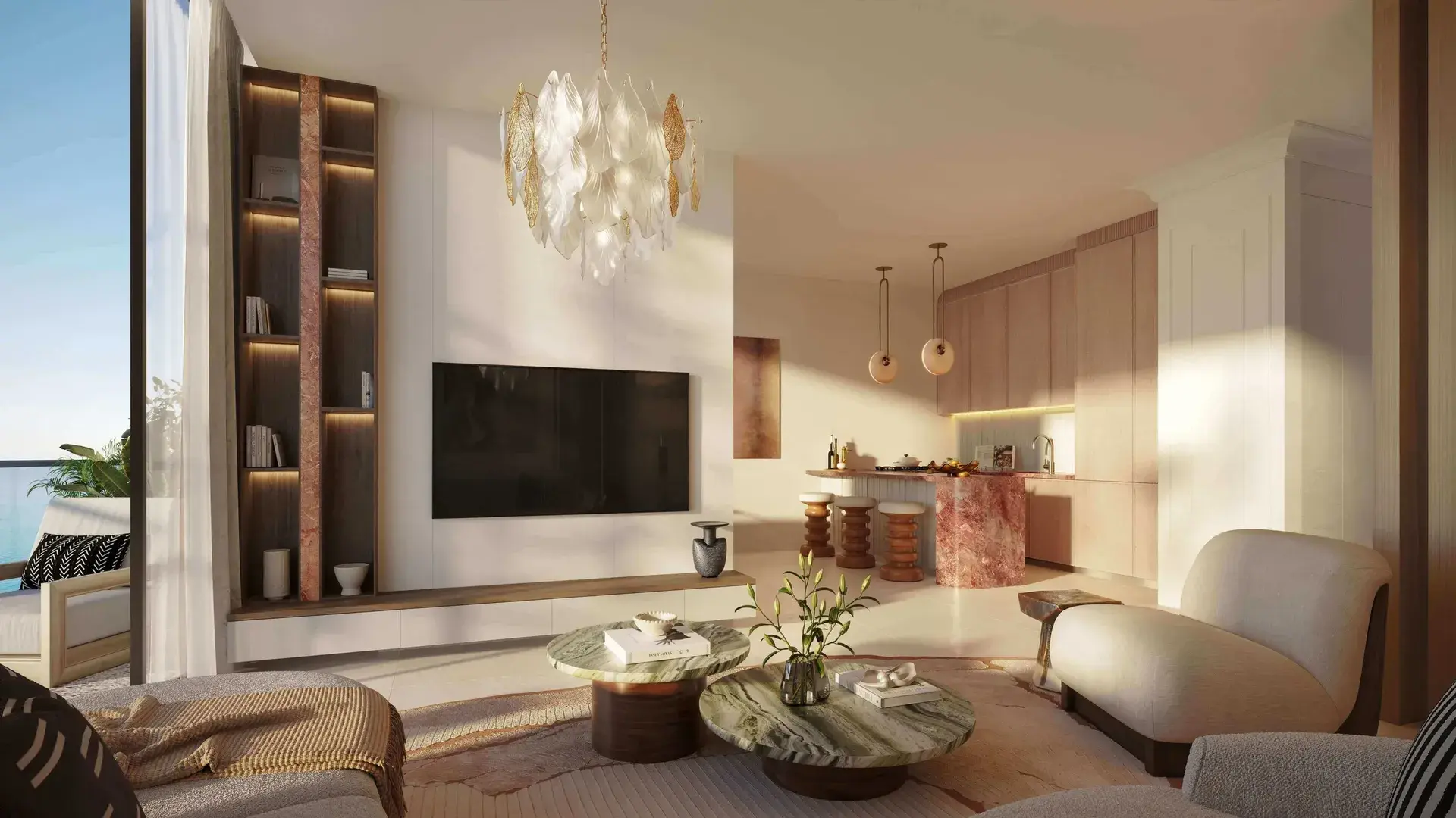 Render of a living room with a shell chandelier and a wall-mounted TV, an open kitchen with a pink marble island behind