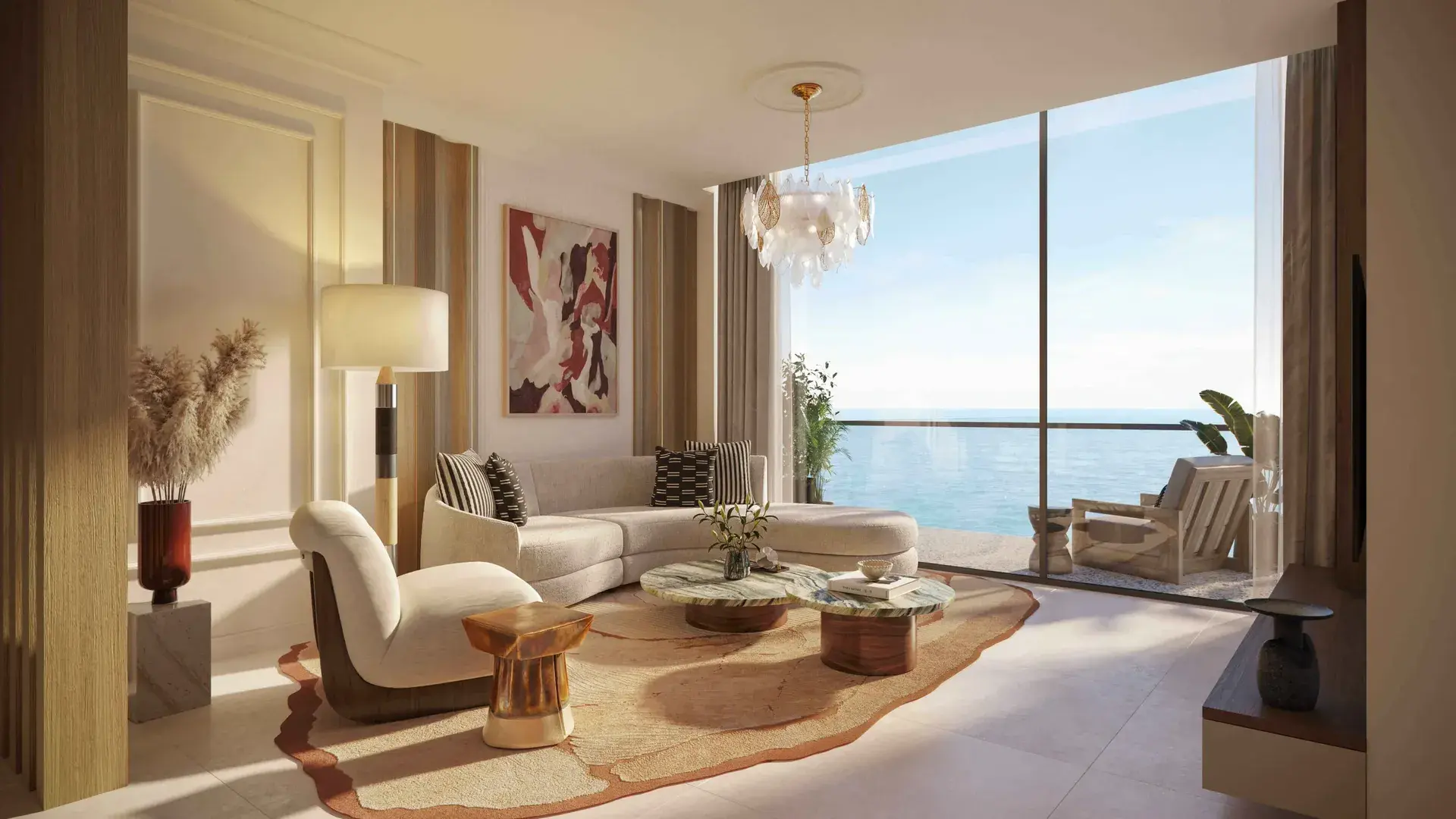 Render of a living room with a corner sofa and a shell chandelier, full-height glass onto a balcony and the sea