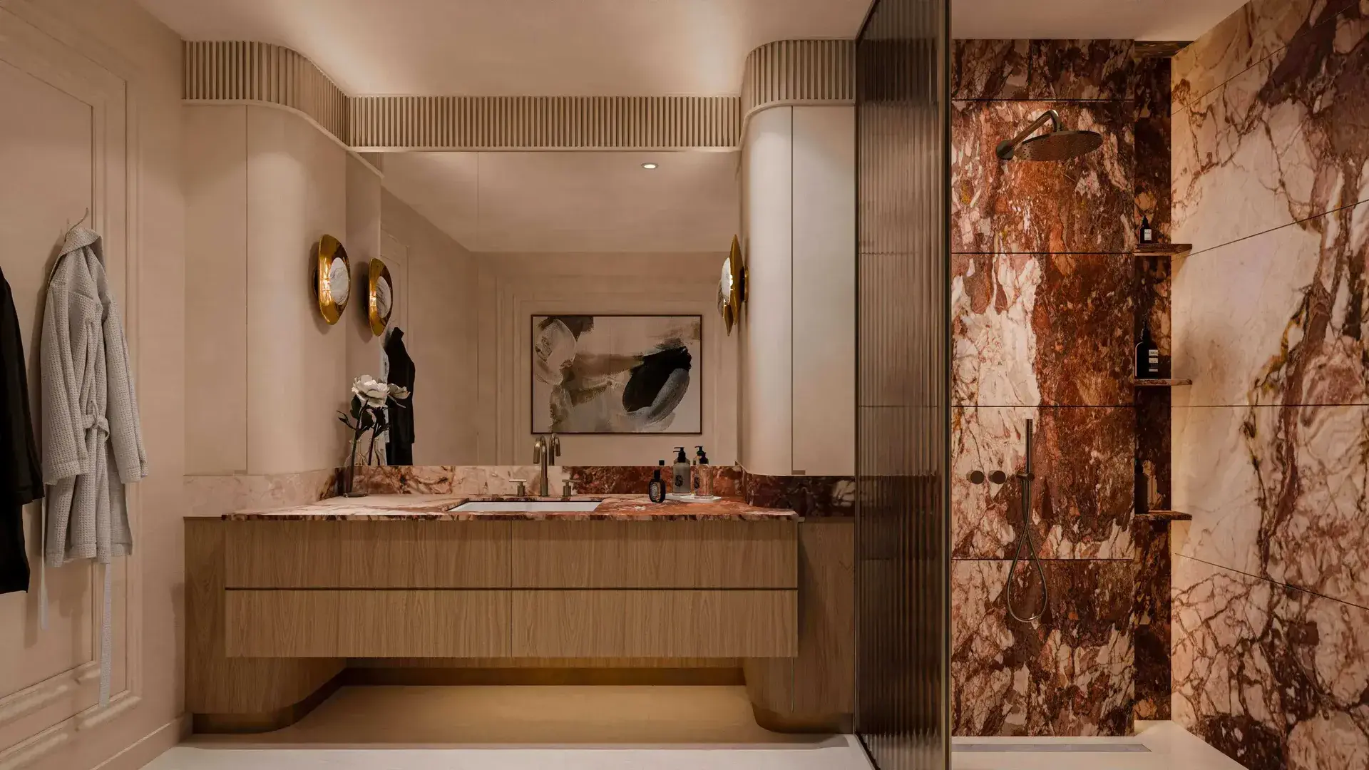 Render of a bathroom with a red-veined marble shower wall, a double vanity and timber panelling
