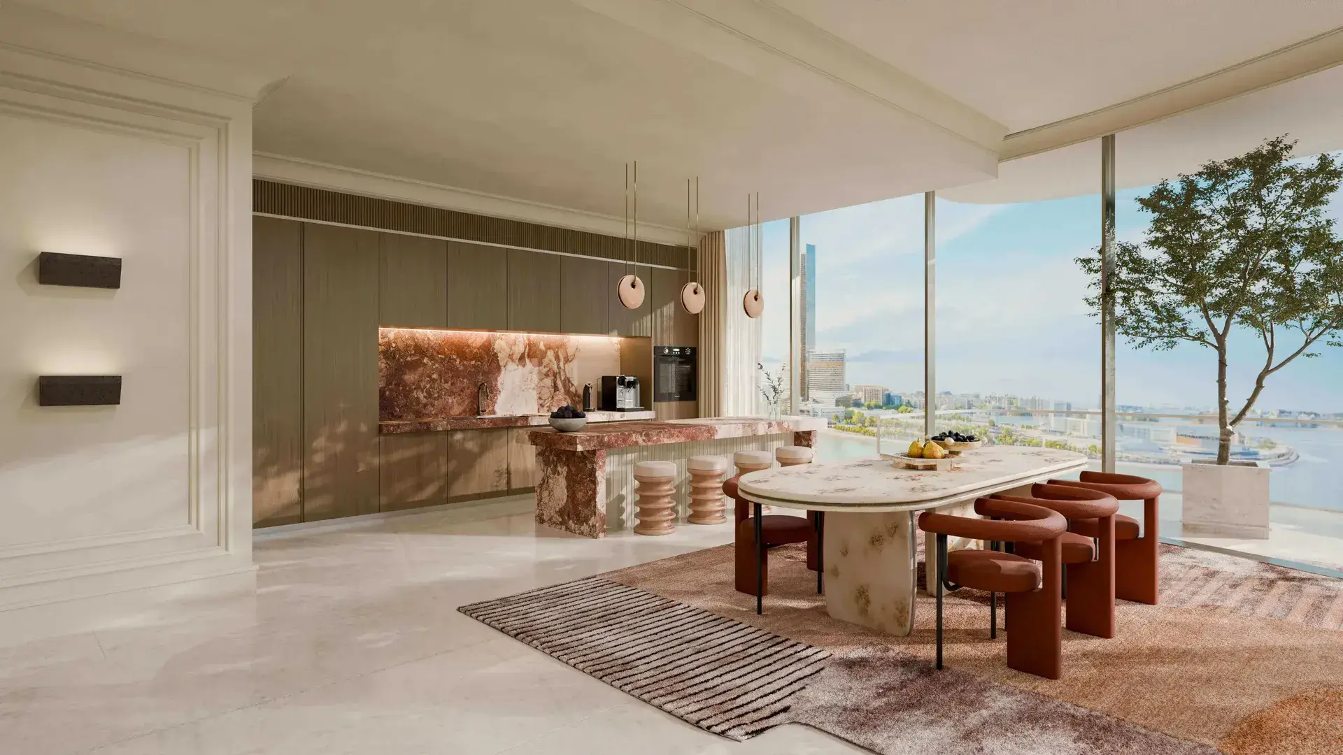 Render of a kitchen and dining room with a marble island, rust-red chairs and full-height glass onto the coast
