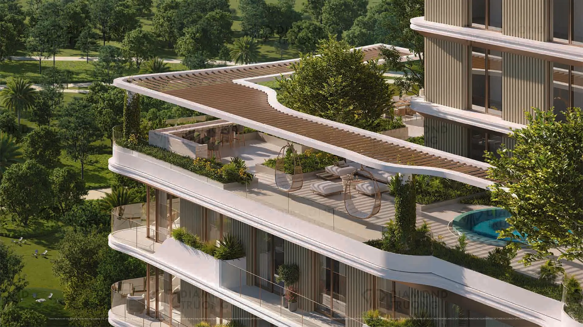 Beyond's render of The Mural: a planted sky terrace with a pergola, hanging chairs and a plunge pool above a wooded park