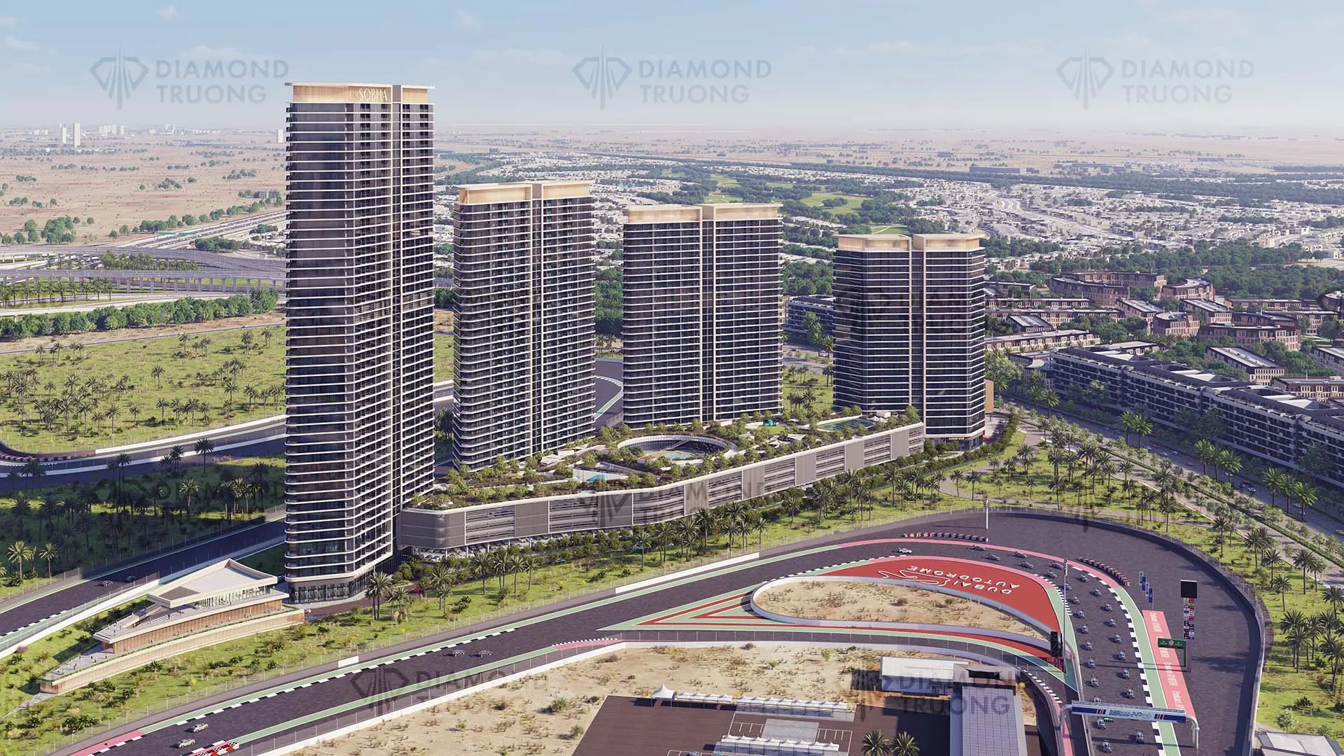 Sobha's render of Sobha Solis in Motor City: four towers on a planted podium beside the Dubai Autodrome circuit