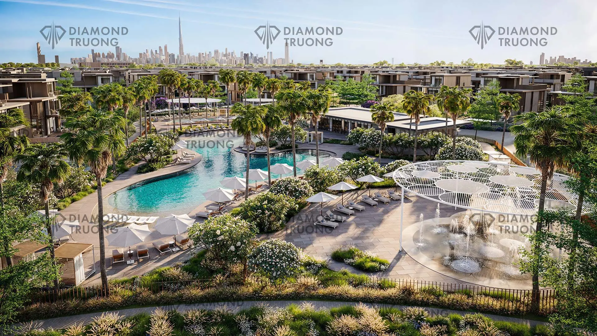 Meraas's render of a Nad Al Sheba Gardens pool park: a lagoon pool with loungers and a splash pad, villas and the Downtown skyline behind