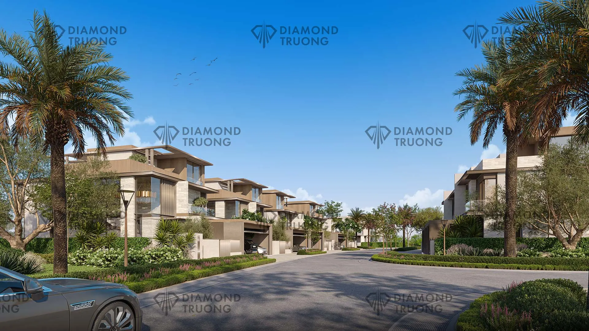 Meraas's render of a Nad Al Sheba Gardens street: three-storey villas with carports behind palms and planted verges