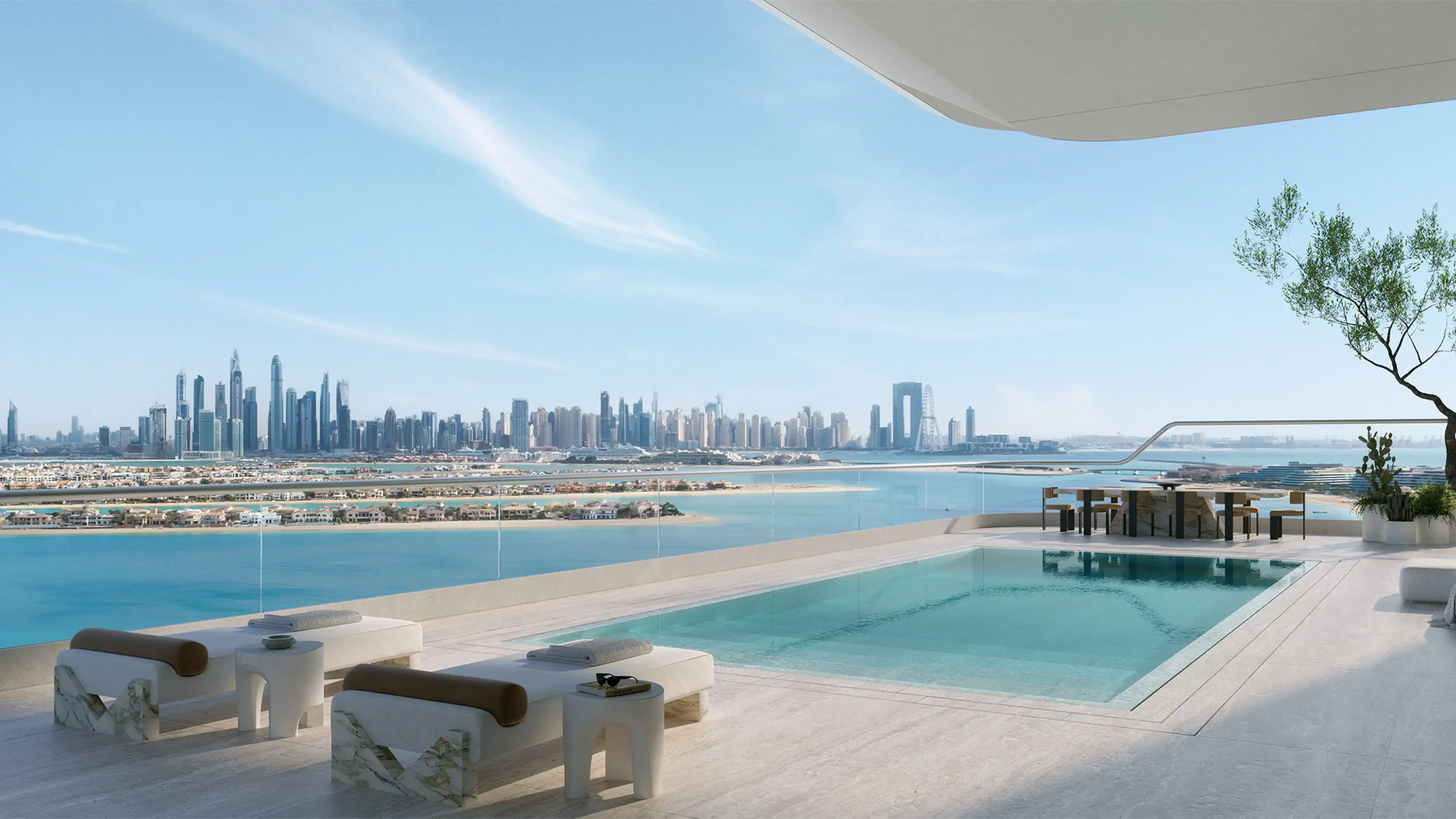 Render of a terrace pool with sun loungers and an outdoor dining table, looking over the Palm's fronds to Dubai Marina's towers
