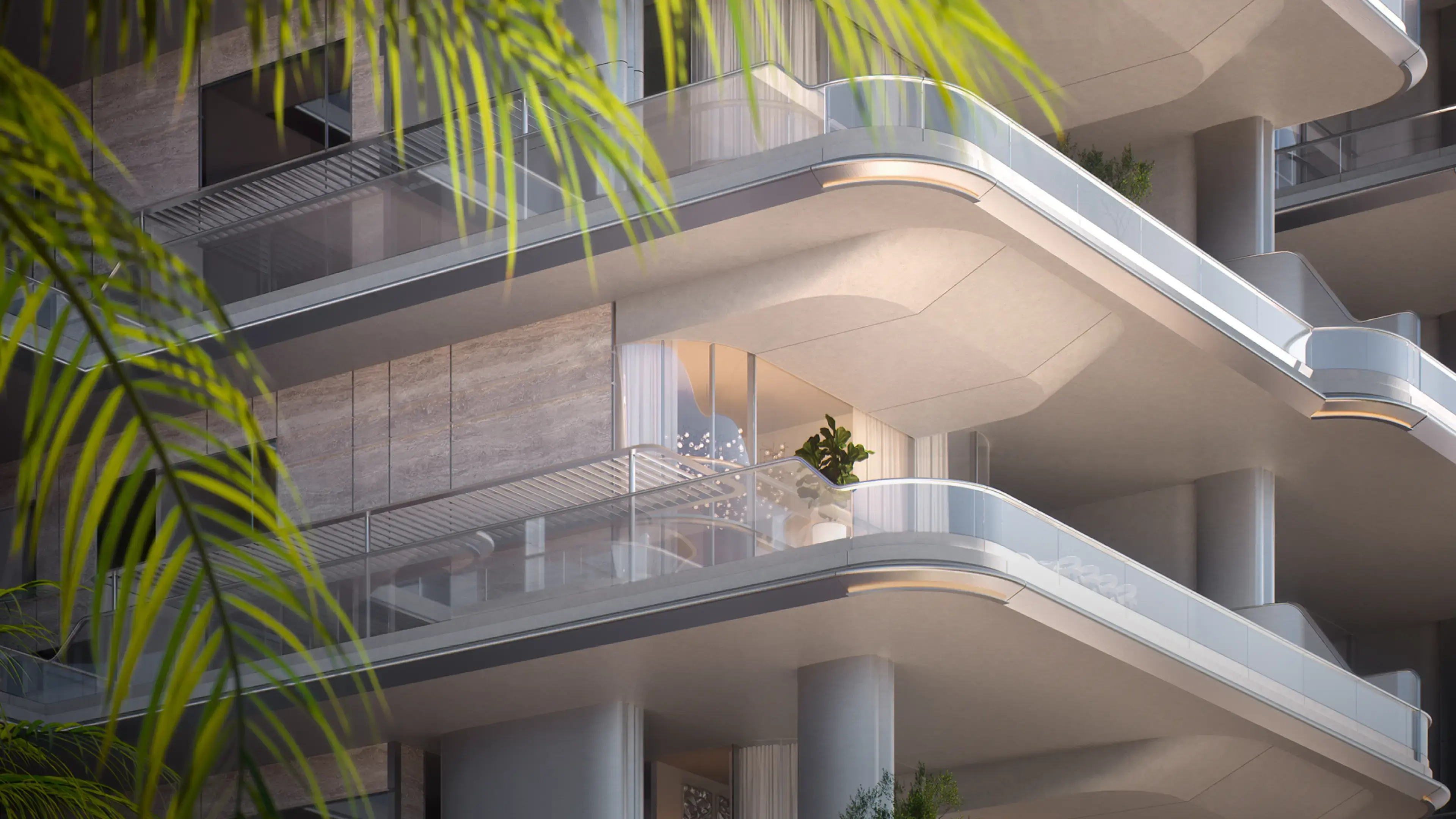 Render of Orla's curved balconies, with glass balustrades and stone-clad walls behind, palm fronds in the foreground