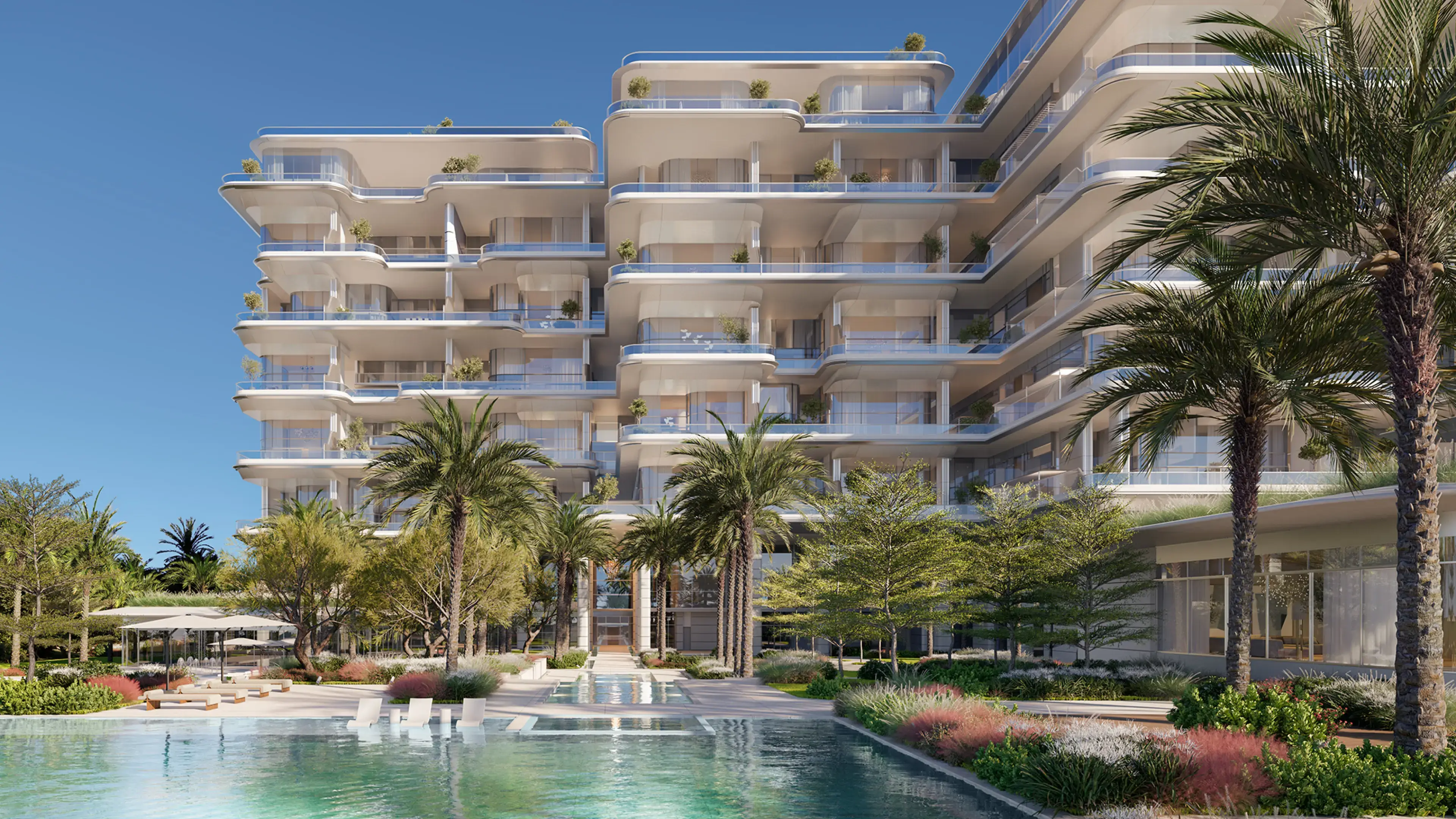 Render of Orla's terraced towers rising behind palms, planted gardens and a pool with sun loungers