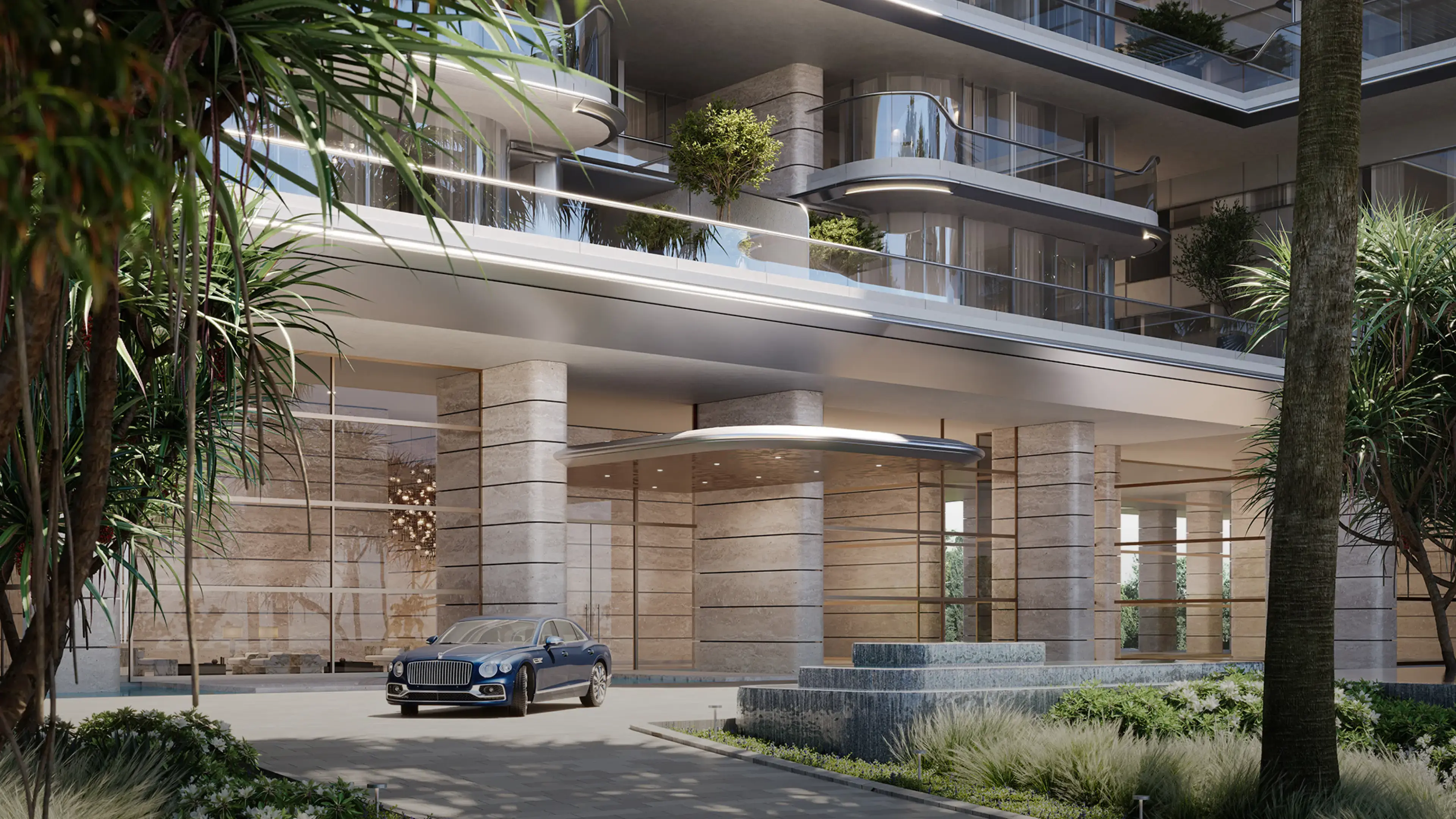 Render of Orla's arrival court: a dark saloon car under a curved canopy beside stone-clad columns and a water feature