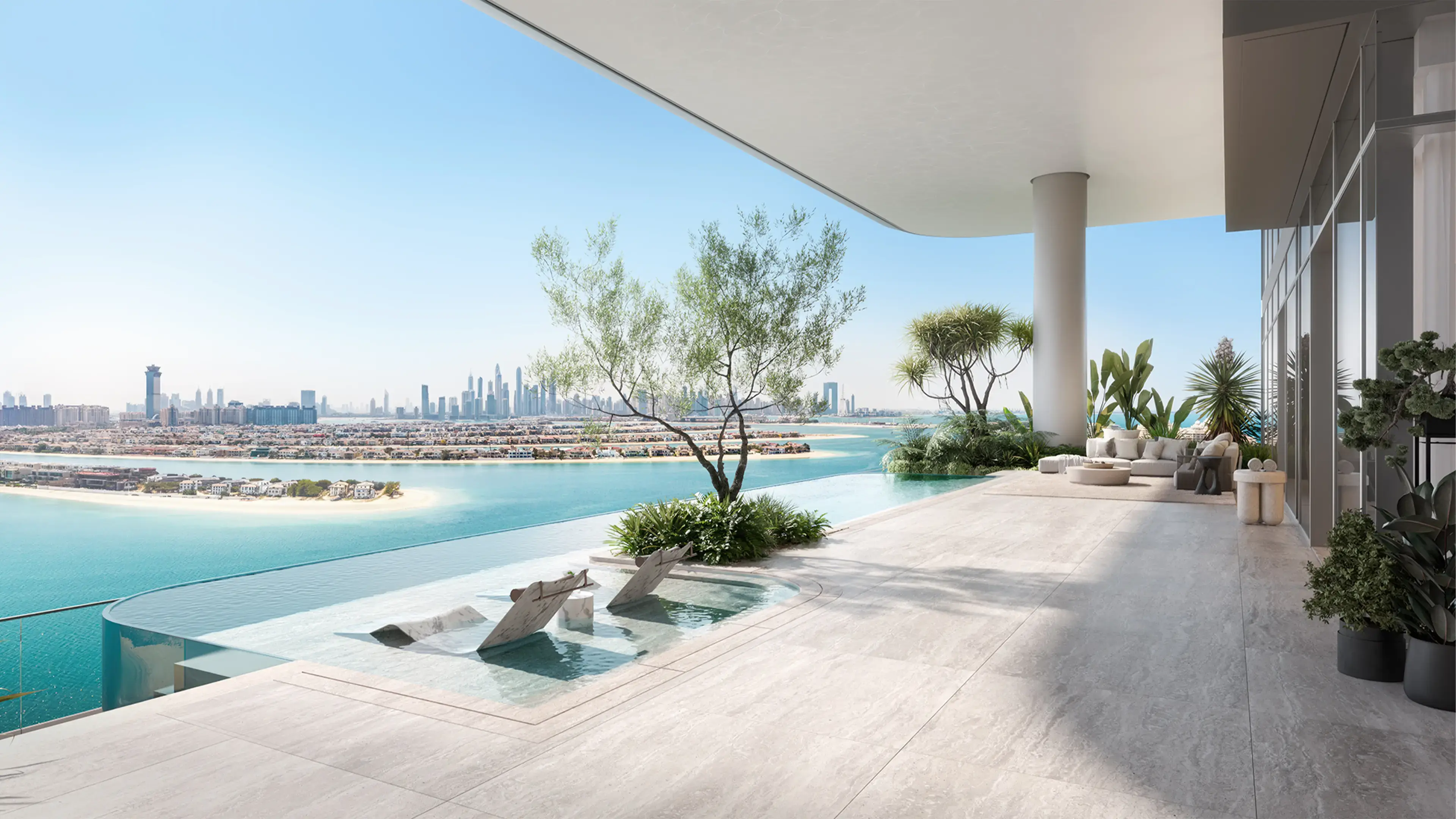Render of a deep covered terrace with a curved glass-sided pool and two in-water loungers, looking over the fronds to the city skyline