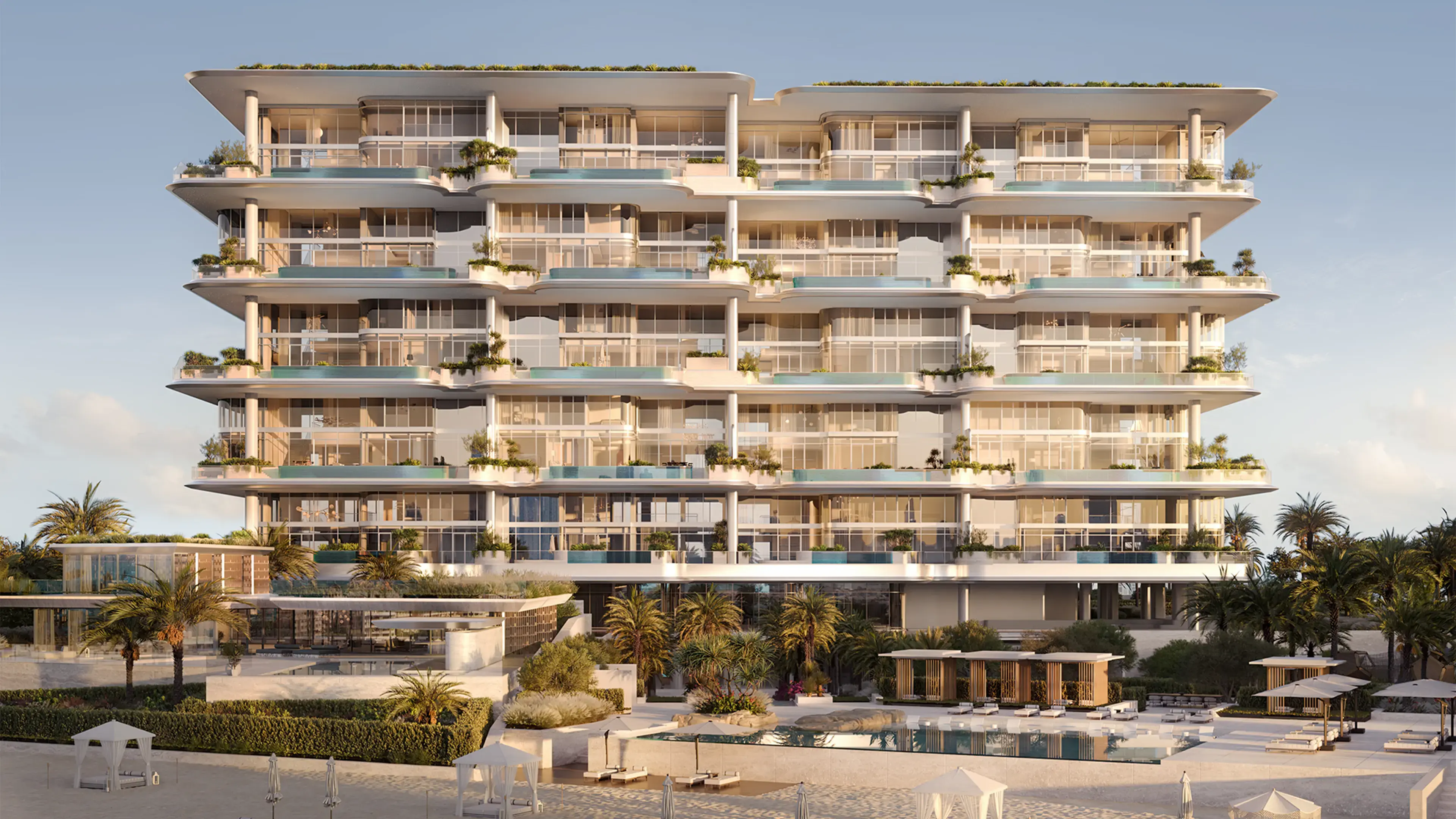 Render of Orla Infinity's front: planted terraces with glass balustrades on every floor, above cabanas, a pool and the beach