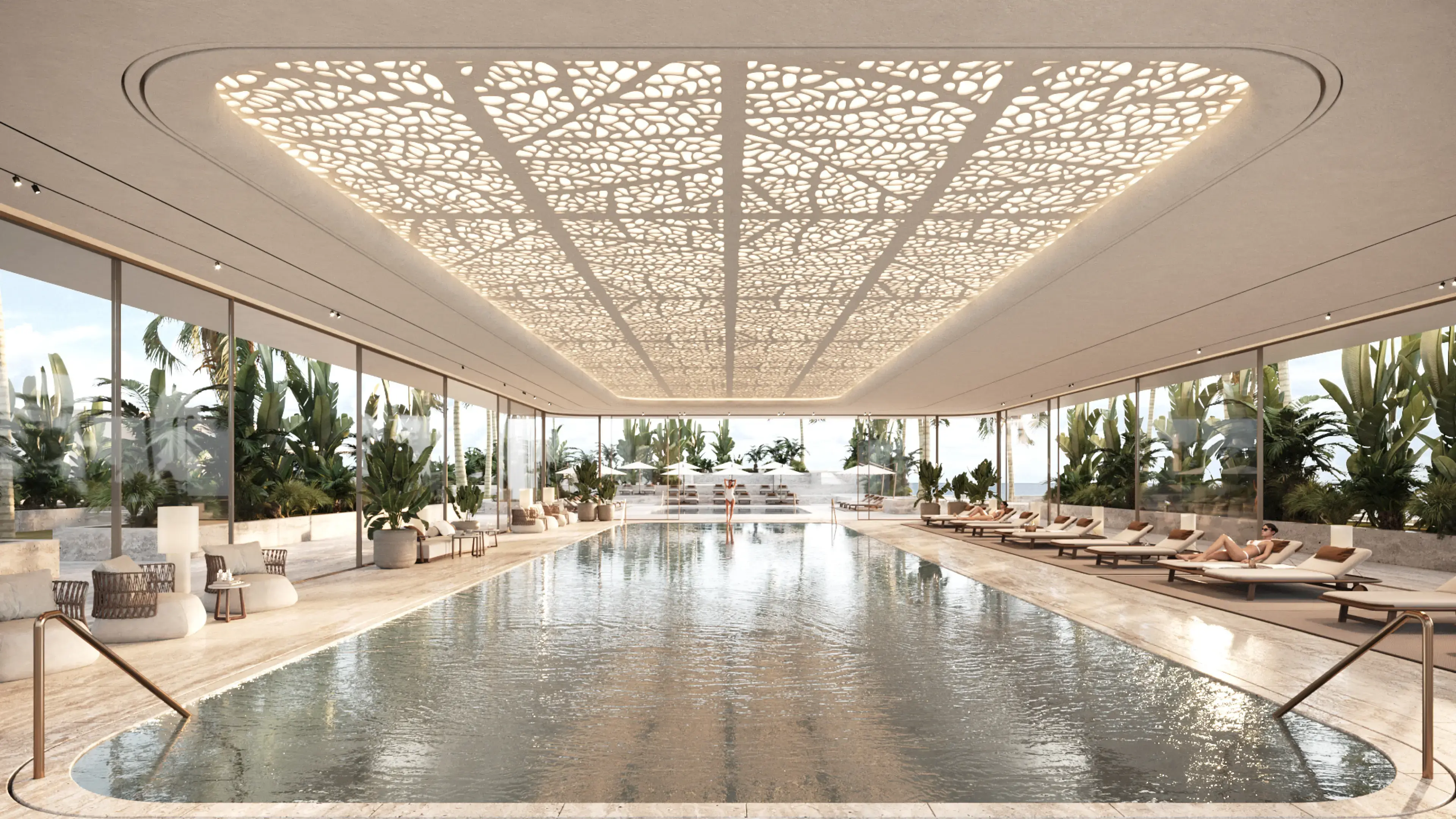 Render of Orla's indoor lap pool under a lit, leaf-patterned ceiling, with loungers along glass walls onto the gardens