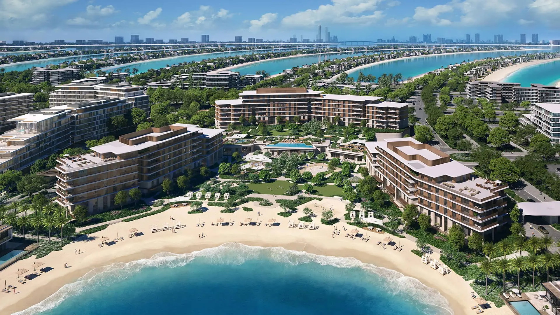 Nakheel's render of Palm Central Private Residences on Palm Jebel Ali: mid-rise buildings round a garden and pool above a curved beach