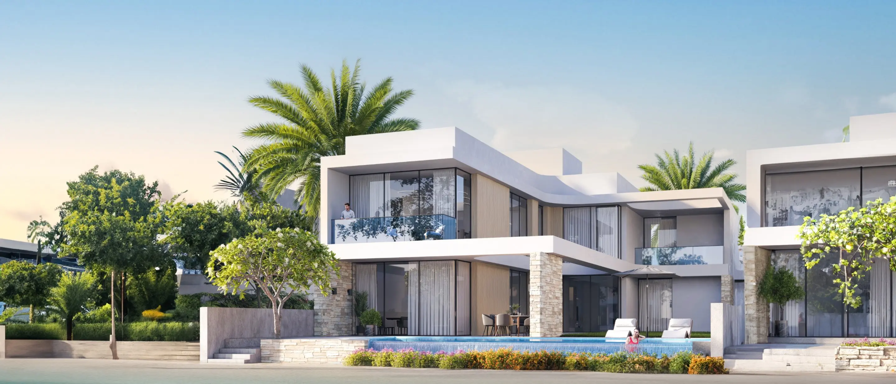 Render of a two-storey white villa with timber screens and a glass-fronted balcony above a private pool edged with flowers, palms behind