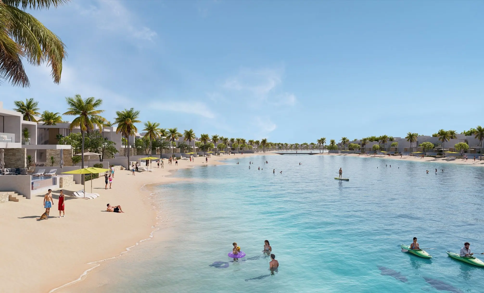Render of a lagoon with villas and palms on both shores, kayakers and swimmers in front and a footbridge in the distance