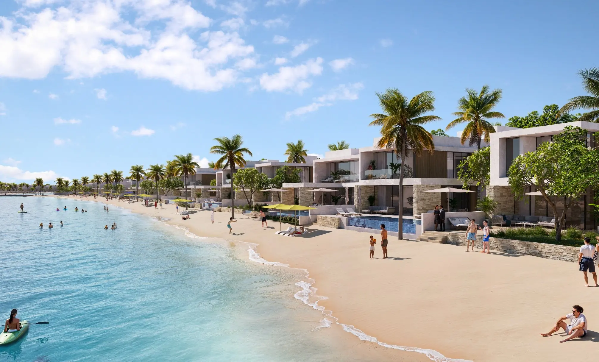 Render of a row of two-storey villas with private pools and parasols along a sandy lagoon beach, with people on the sand