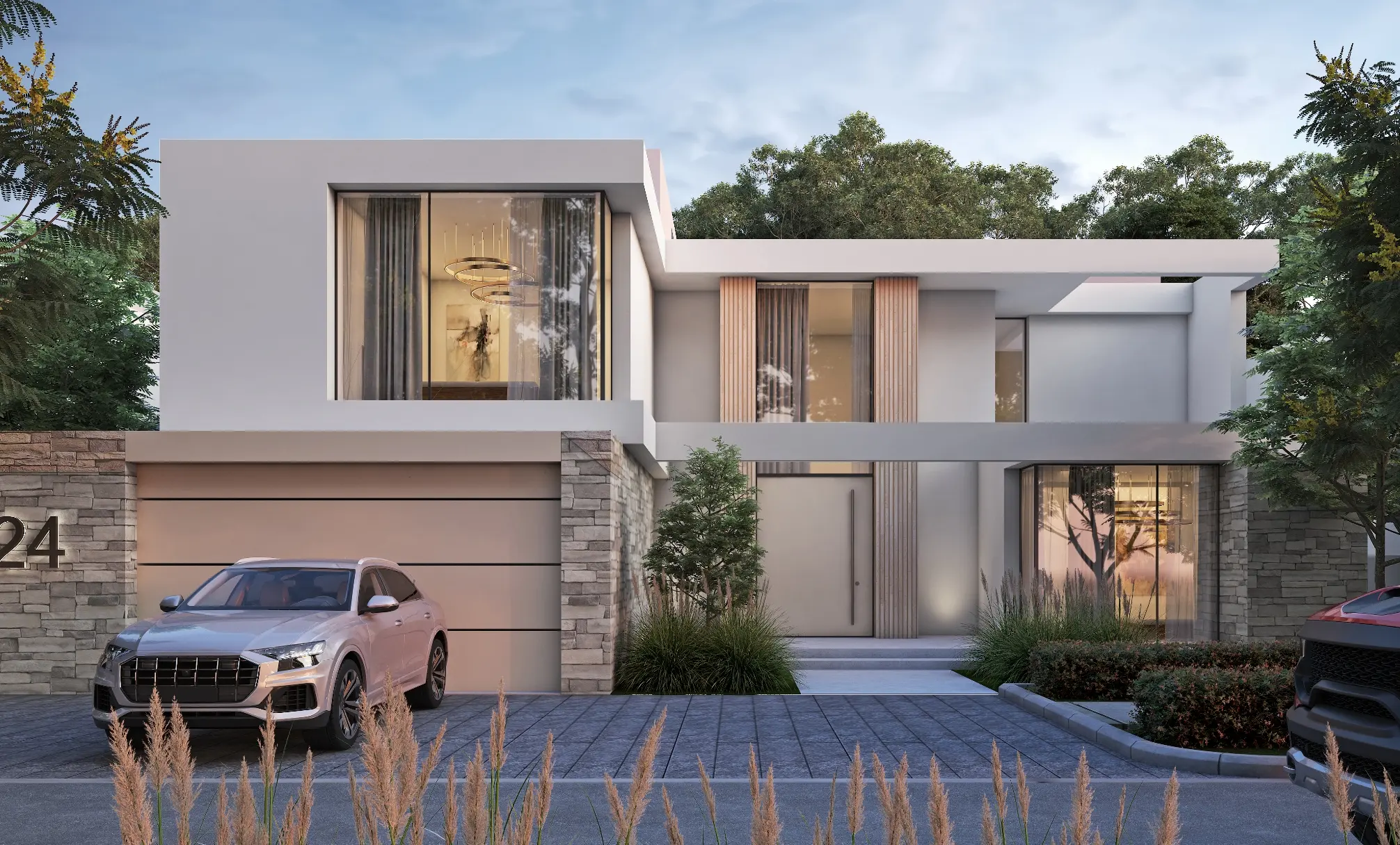 Render of a white villa with timber screens, a stone pier and a garage marked 24, with an SUV on the drive and tall grasses in front