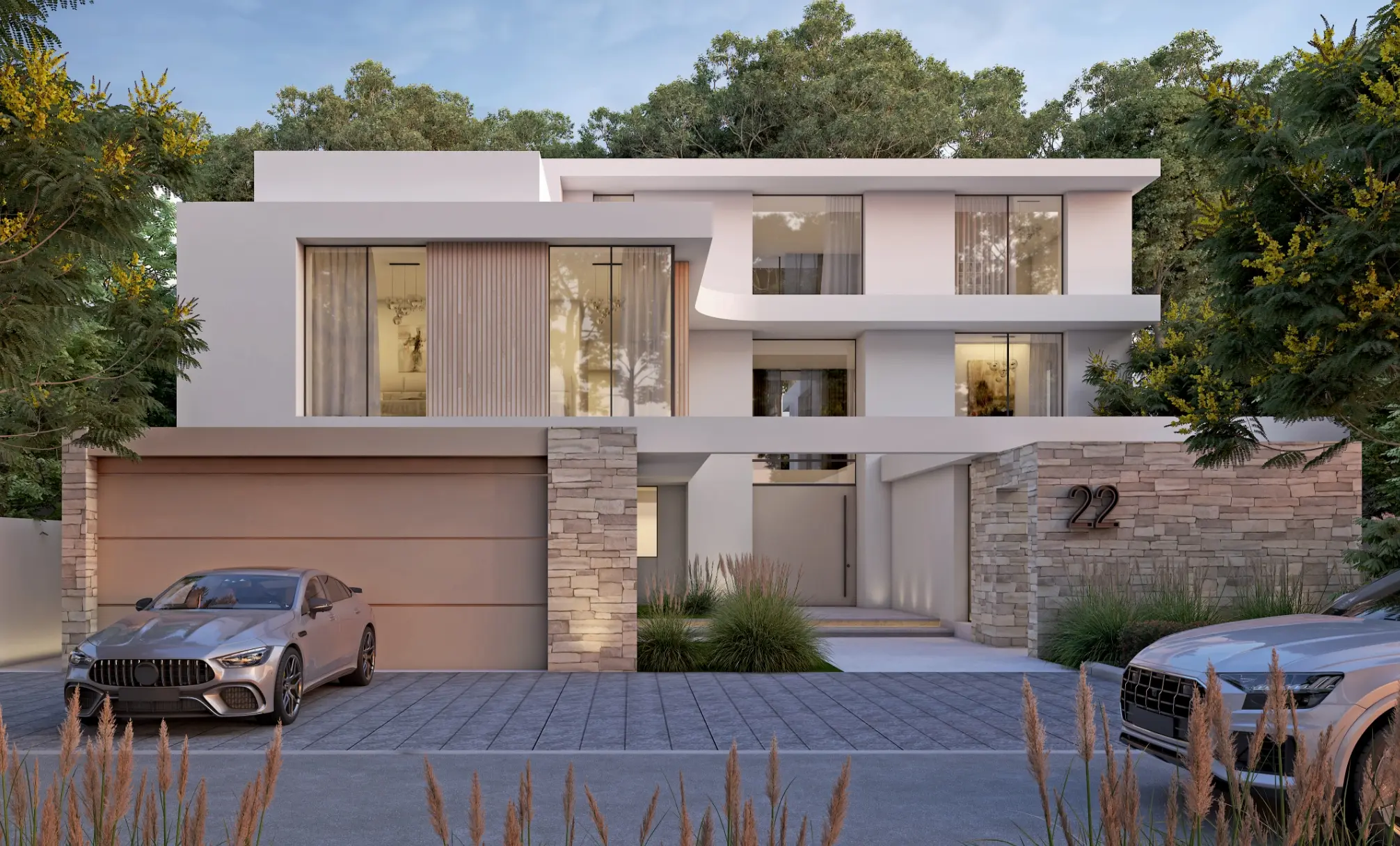 Render of a white villa's street front, with a two-car garage, a stone-clad wall marked 22 and a grey coupé on the paved drive