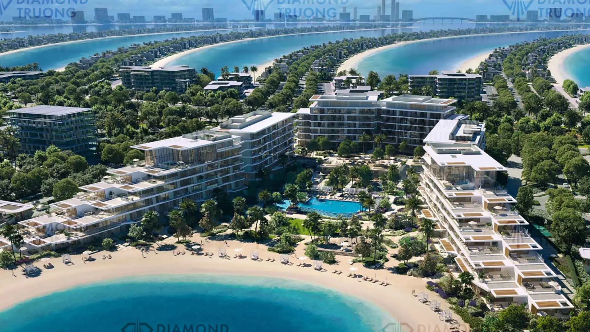 A render of mid-rise apartment buildings round a pool on a Palm Jebel Ali beach, with villa fronds and the mainland behind