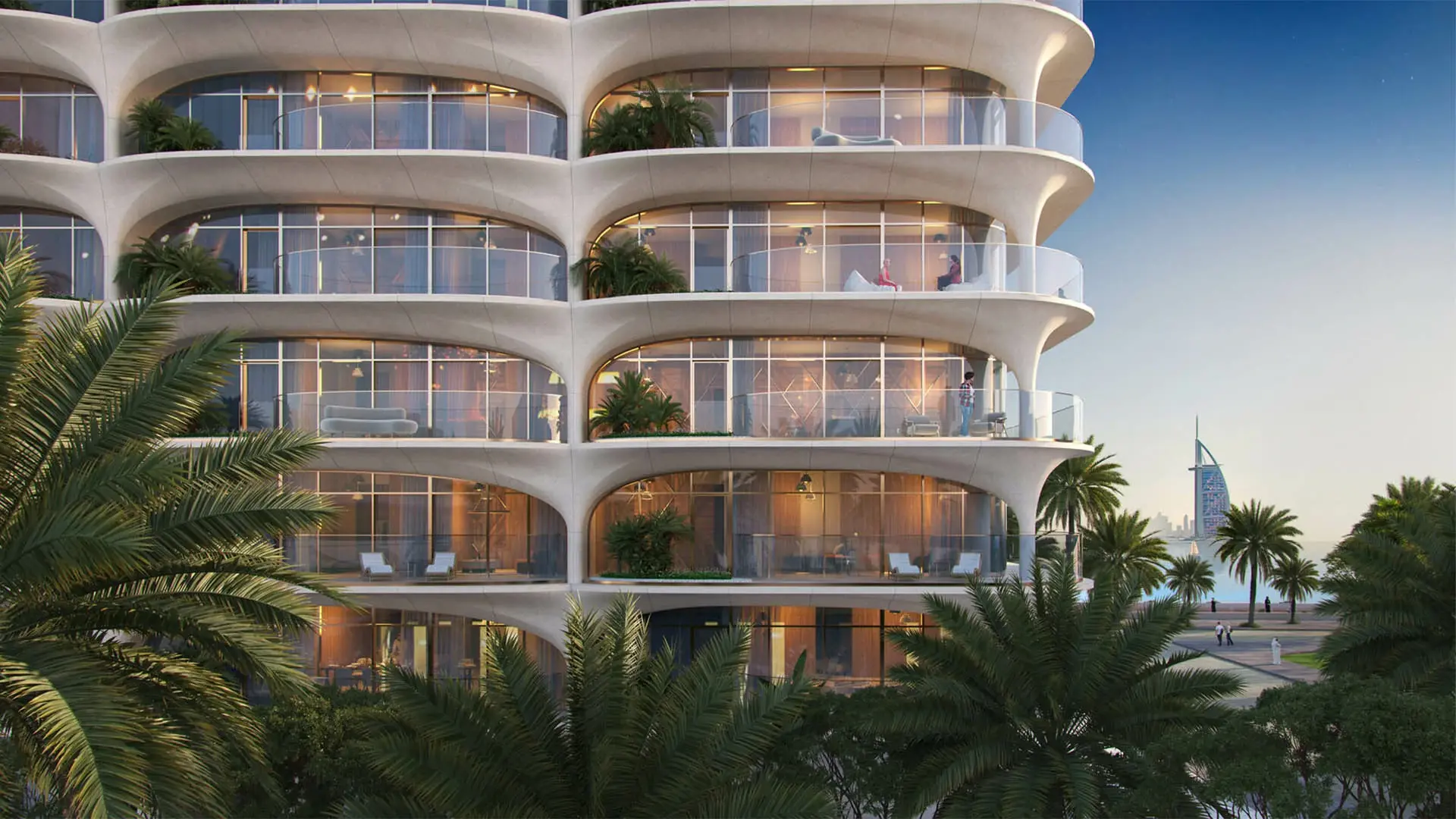 Ellington's render of Ocean House on Palm Jumeirah: curved white balconies behind palms, the Burj Al Arab in the distance